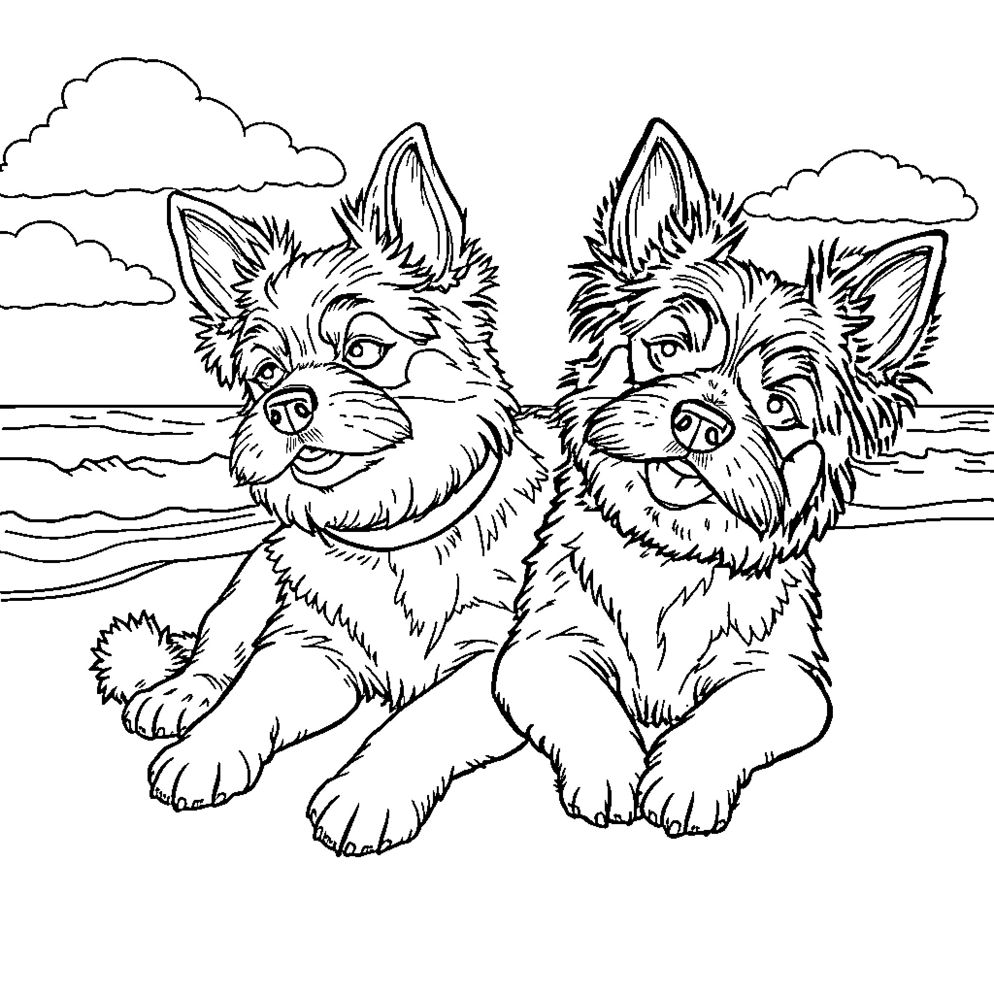 Bluey and Bingo playing on the beach Coloring Page (free black-and-white line drawing printable PDF for all, from beginners to advanced learners, including children, teens, adults, and seniors)