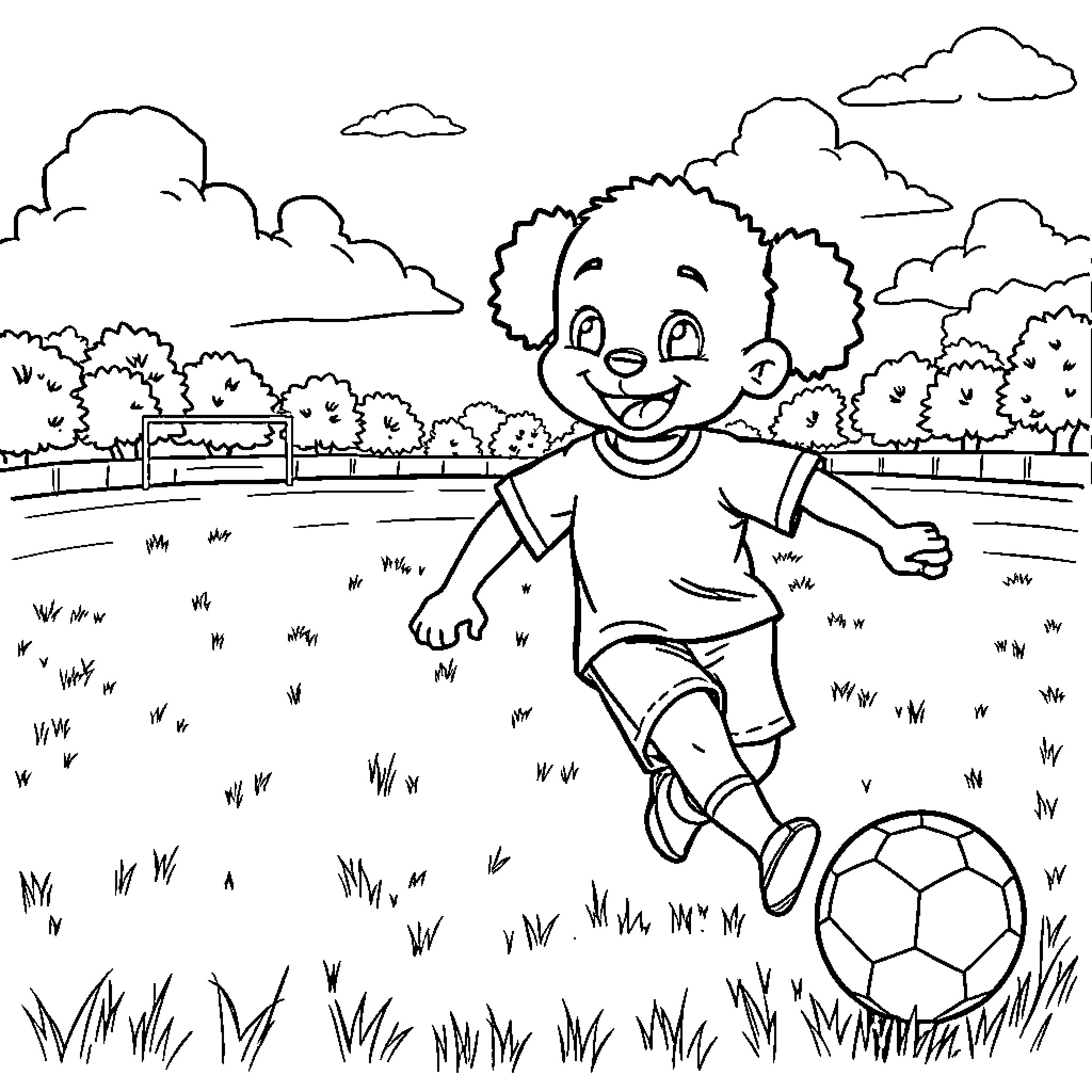 Labubu playing with a soccer ball in the park Coloring Page (free black-and-white line drawing printable PDF for all, from beginners to advanced learners, including children, teens, adults, and seniors)