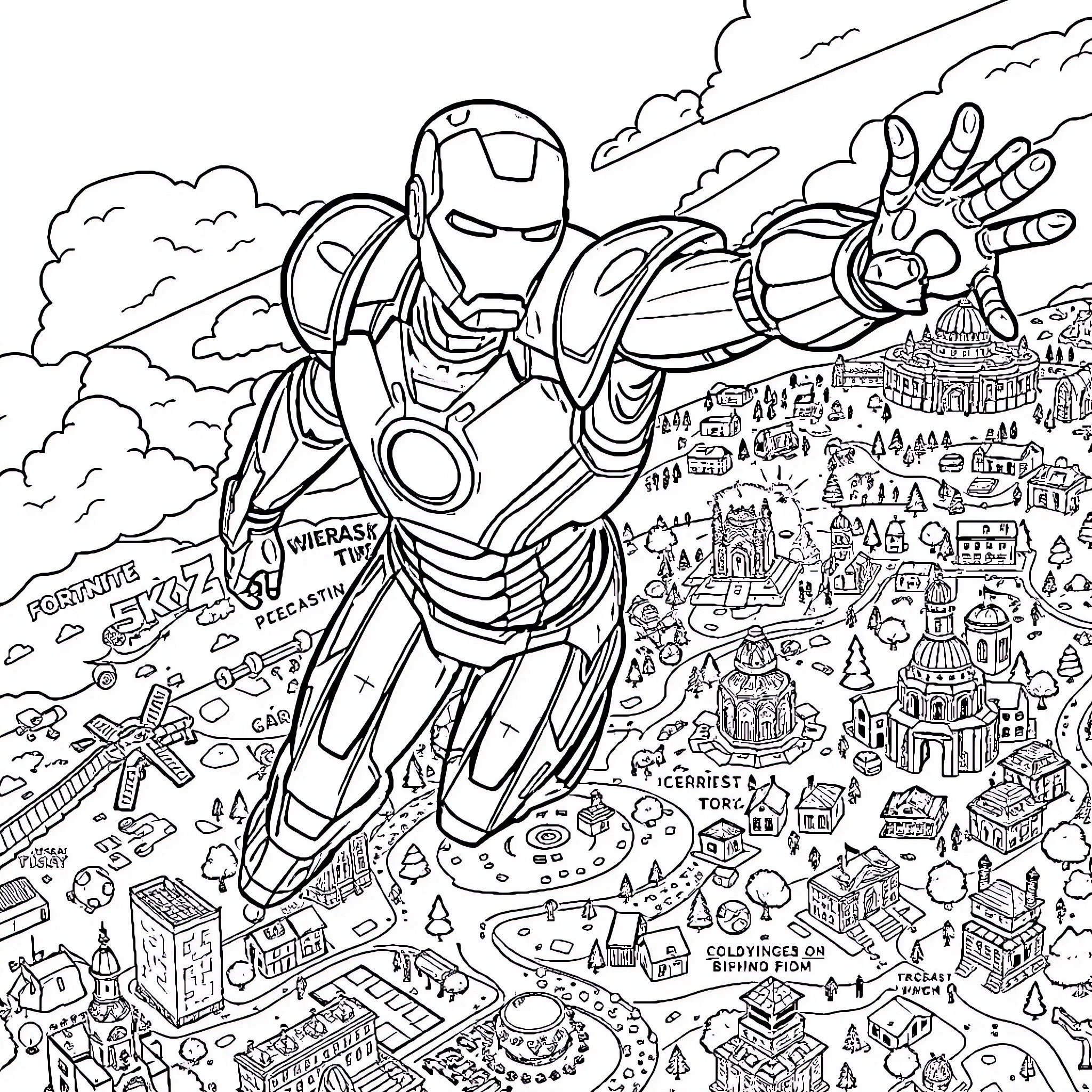 Iron Man soaring over a detailed cityscape Coloring Page (free black-and-white line drawing printable PDF for all, from beginners to advanced learners, including children, teens, adults, and seniors)