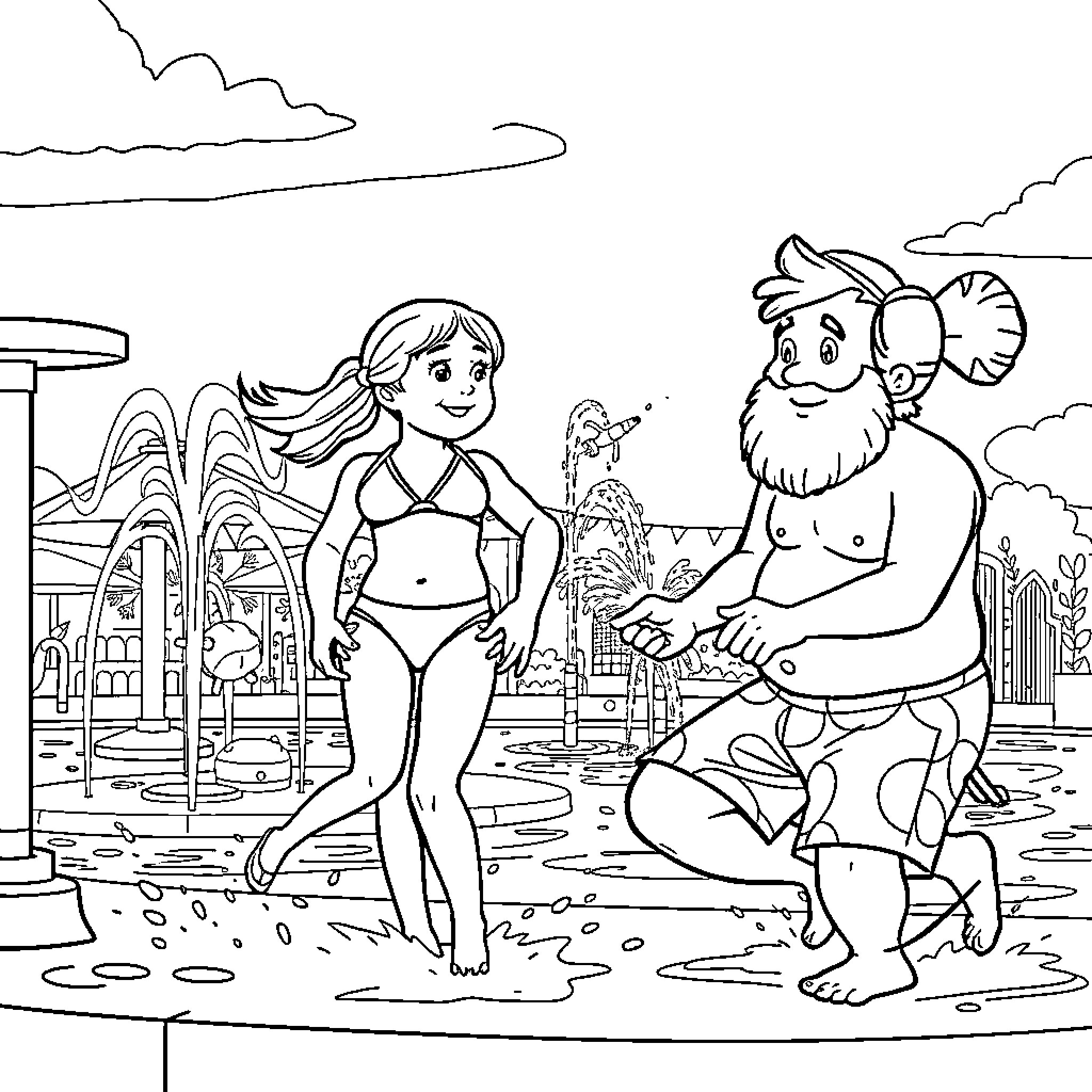 Girl enjoys summer day at the beach with friendly goat Coloring Page (free black-and-white line drawing printable PDF for all, from beginners to advanced learners, including children, teens, adults, and seniors)