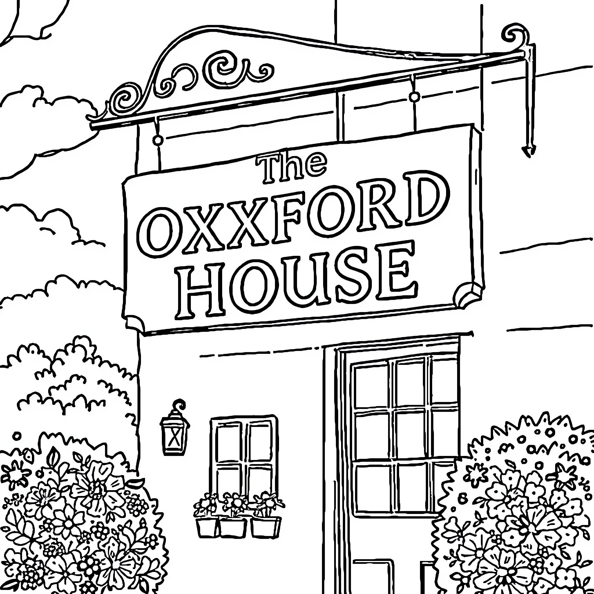 House with sign for The Oxxford House Coloring Page (free black-and-white line drawing printable PDF for all, from beginners to advanced learners, including children, teens, adults, and seniors)