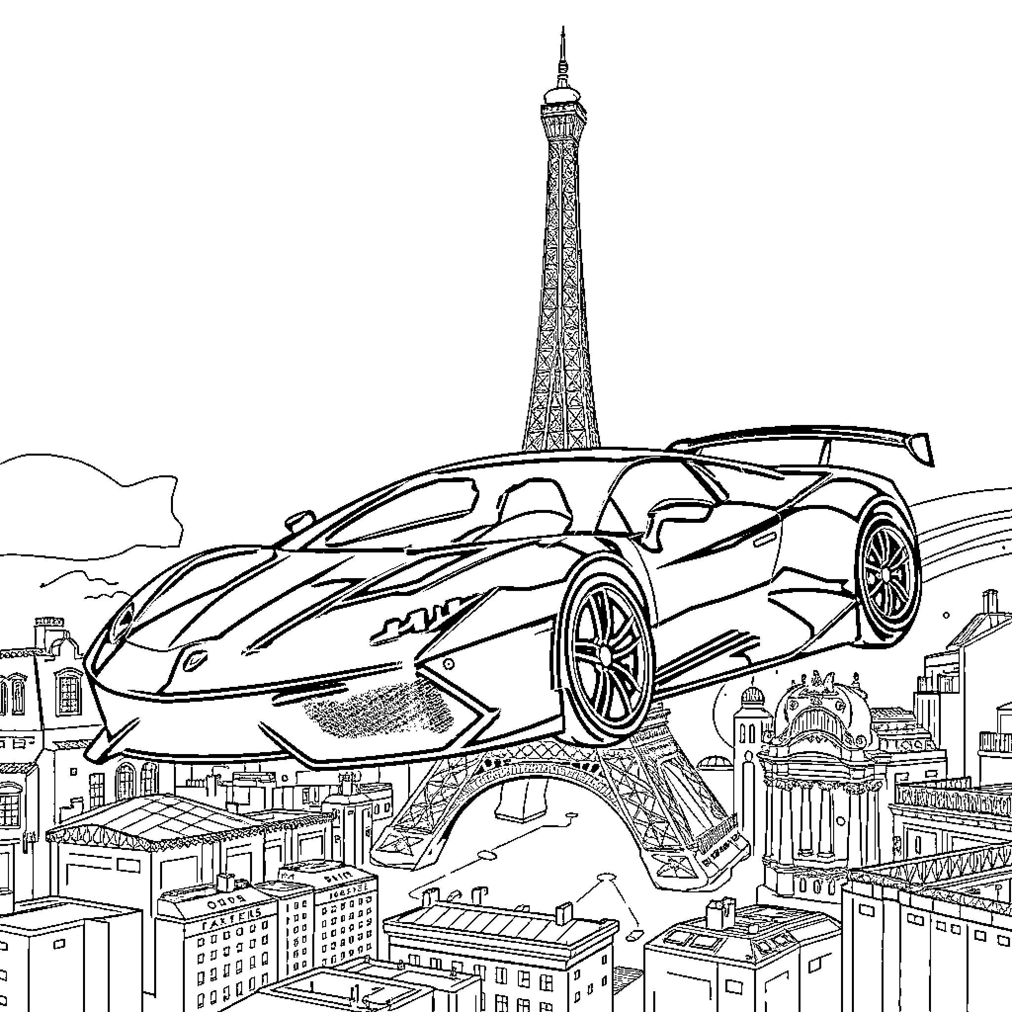 Fantomas Car flying over a city skyline Coloring Page (free black-and-white line drawing printable PDF for all, from beginners to advanced learners, including children, teens, adults, and seniors)