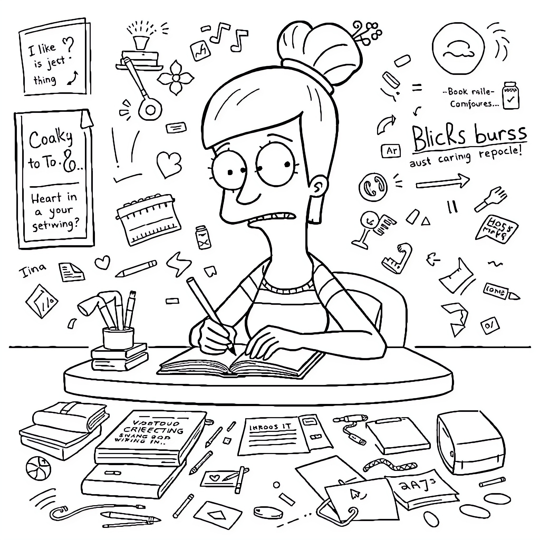 Tina's Busy Desk: Studying, Doodling, and More Coloring Page (free black-and-white line drawing printable PDF for all, from beginners to advanced learners, including children, teens, adults, and seniors)