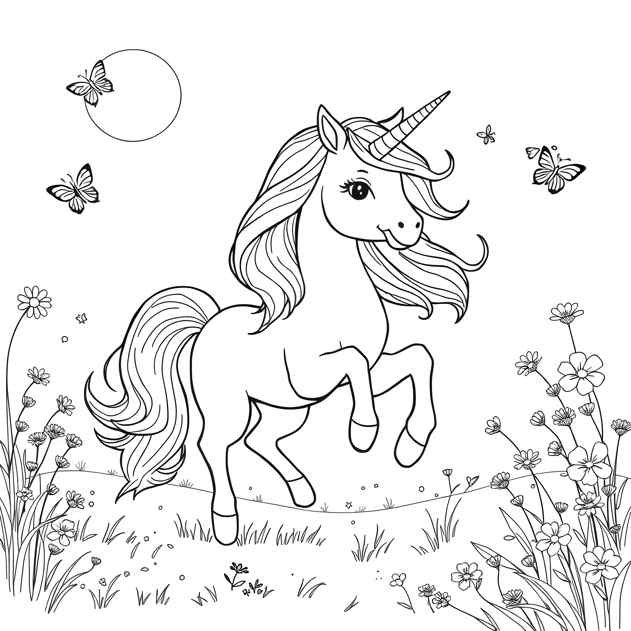 Unicorn frolicking in a magical meadow with butterflies Coloring Page (free black-and-white line drawing printable PDF for all, from beginners to advanced learners, including children, teens, adults, and seniors)