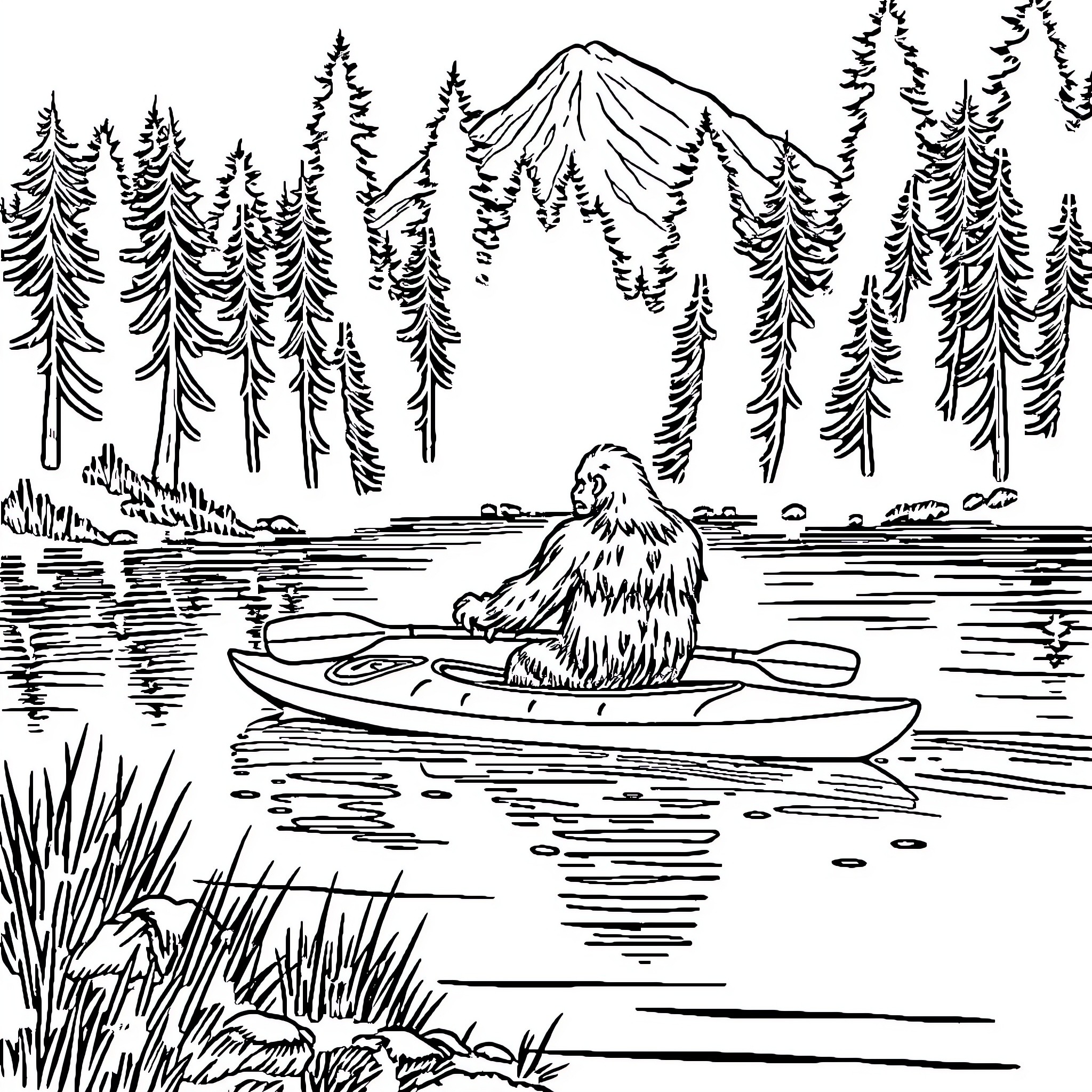 Bigfoot paddling a canoe in the wilderness Coloring Page (free black-and-white line drawing printable PDF for all, from beginners to advanced learners, including children, teens, adults, and seniors)