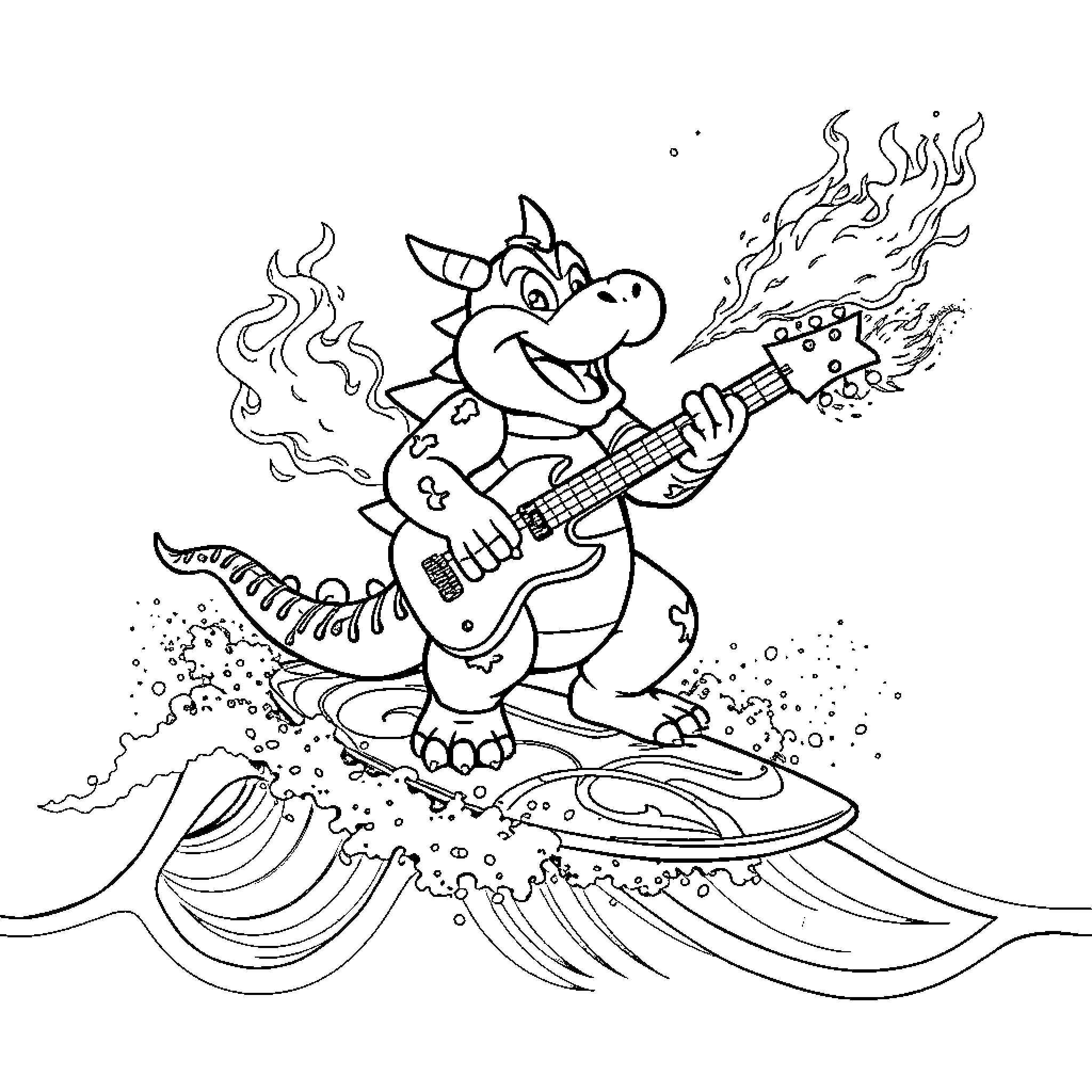 Bowser Rocking Out with Guitar Coloring Page (free black-and-white line drawing printable PDF for all, from beginners to advanced learners, including children, teens, adults, and seniors)