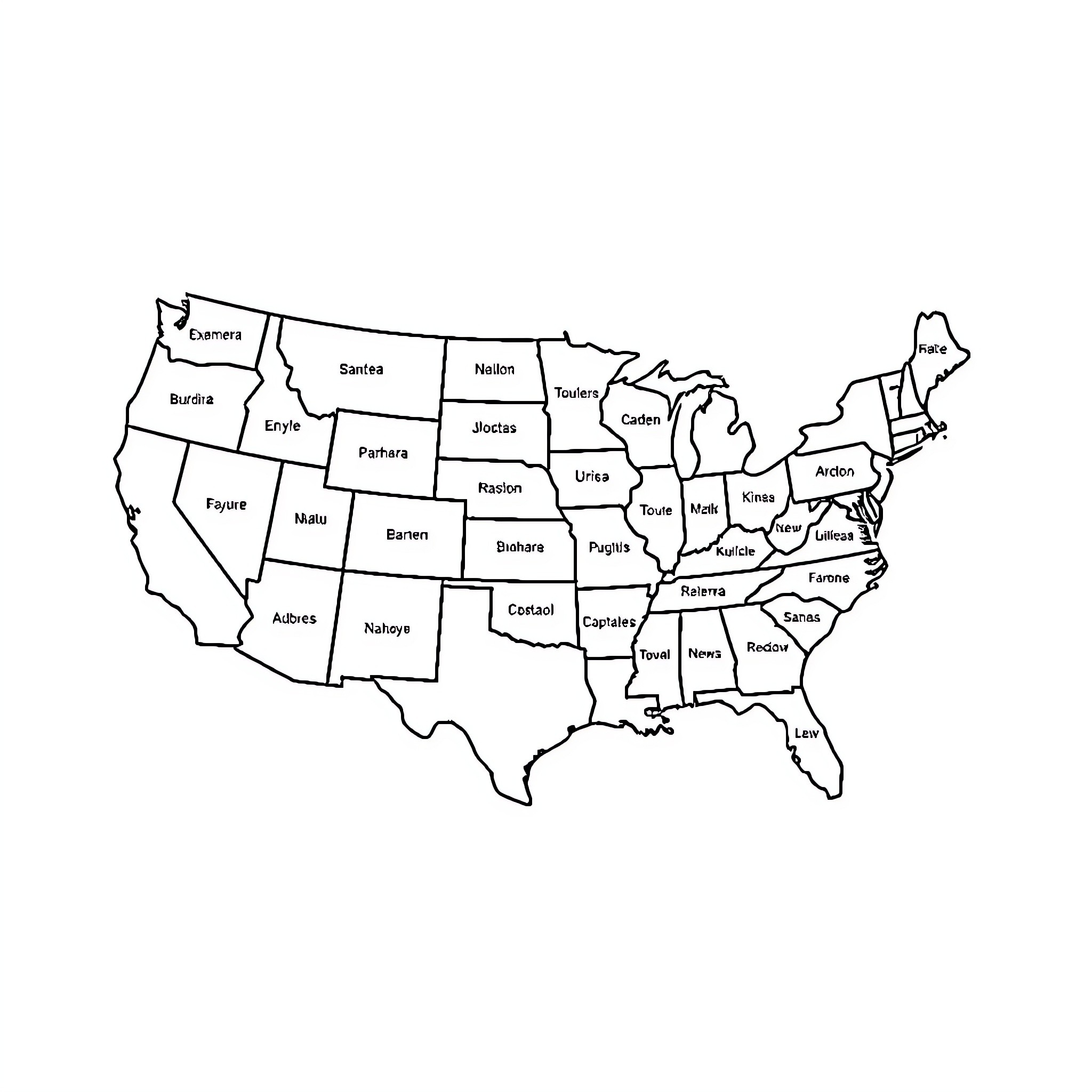 Map of state borders and names of the United States Coloring Page (free black-and-white line drawing printable PDF for all, from beginners to advanced learners, including children, teens, adults, and seniors)