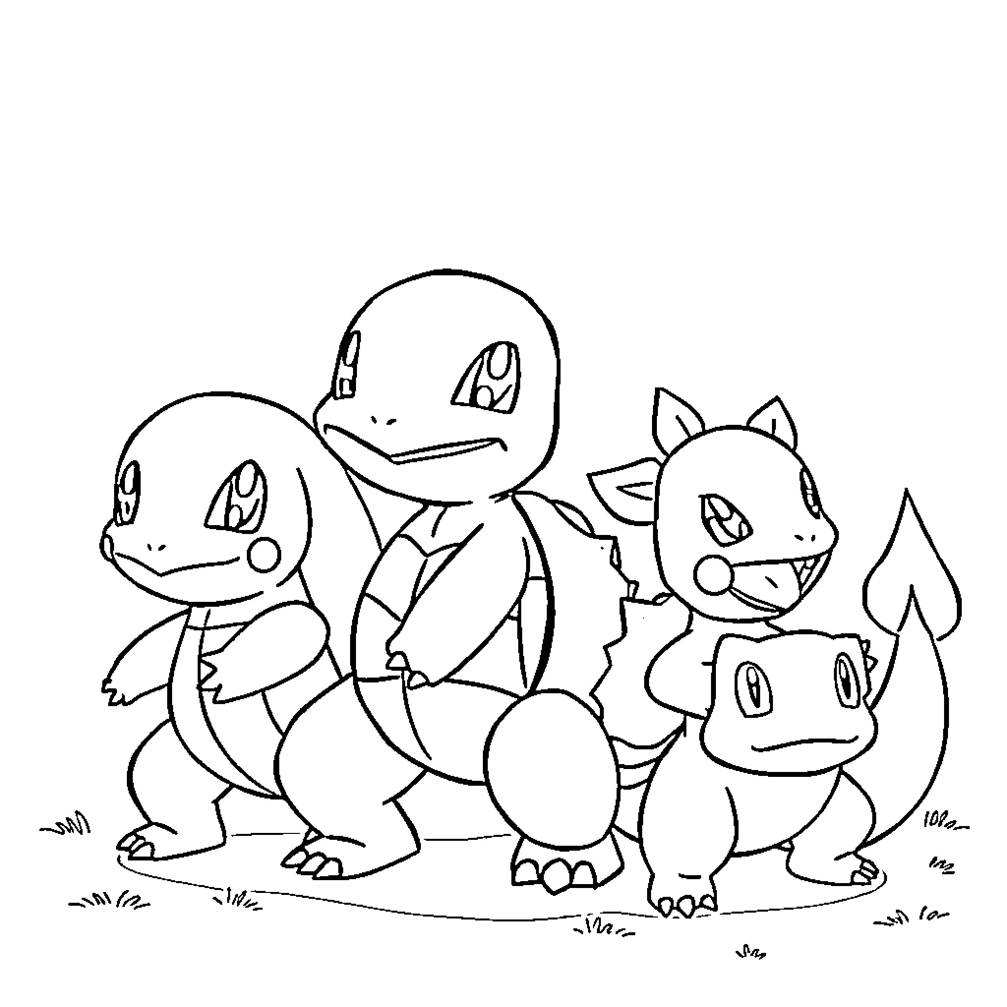 Pokémon characters posing together in the field Coloring Page (free black-and-white line drawing printable PDF for all, from beginners to advanced learners, including children, teens, adults, and seniors)
