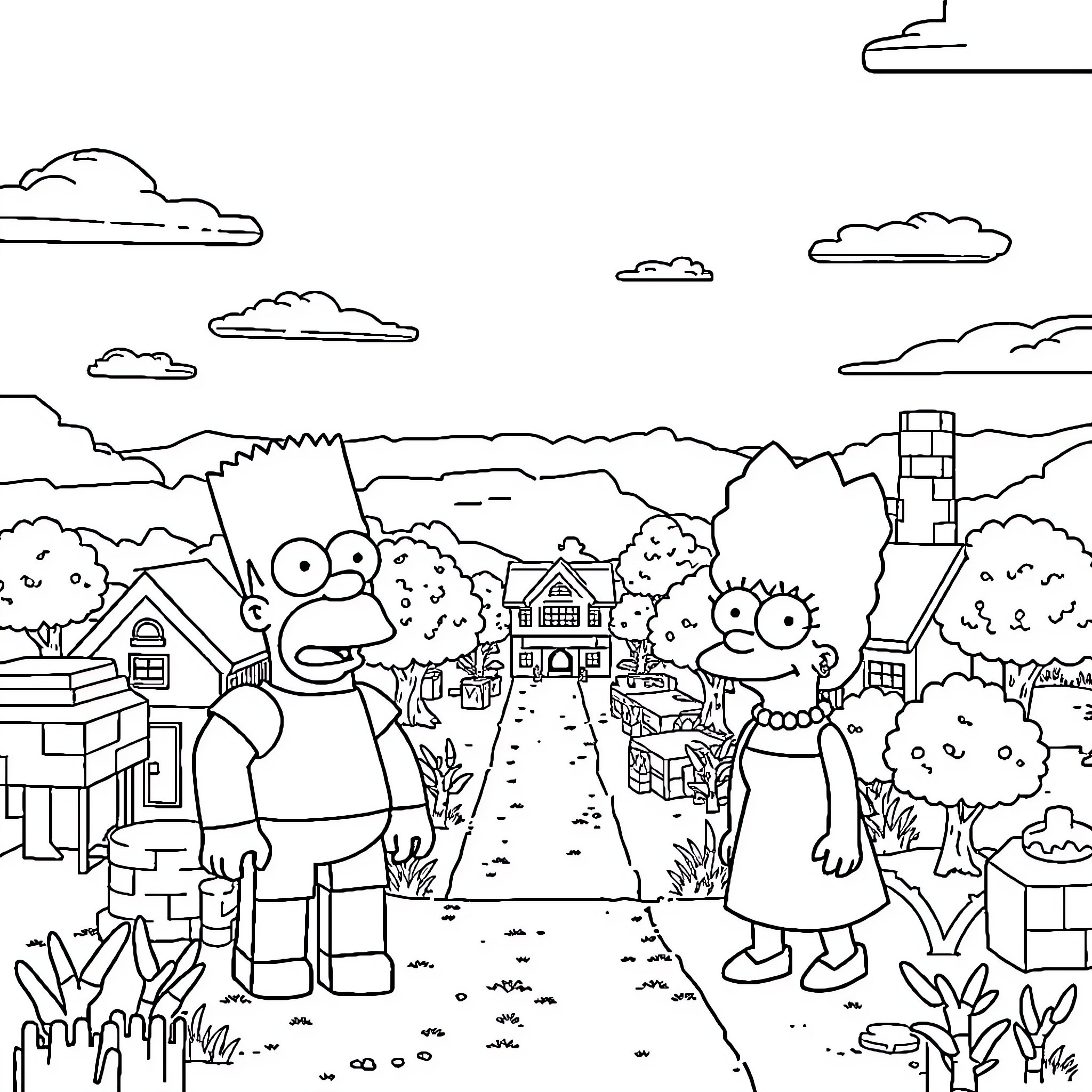 Simpson Family Enjoying the Neighborhood Scenery Coloring Page (free black-and-white line drawing printable PDF for all, from beginners to advanced learners, including children, teens, adults, and seniors)
