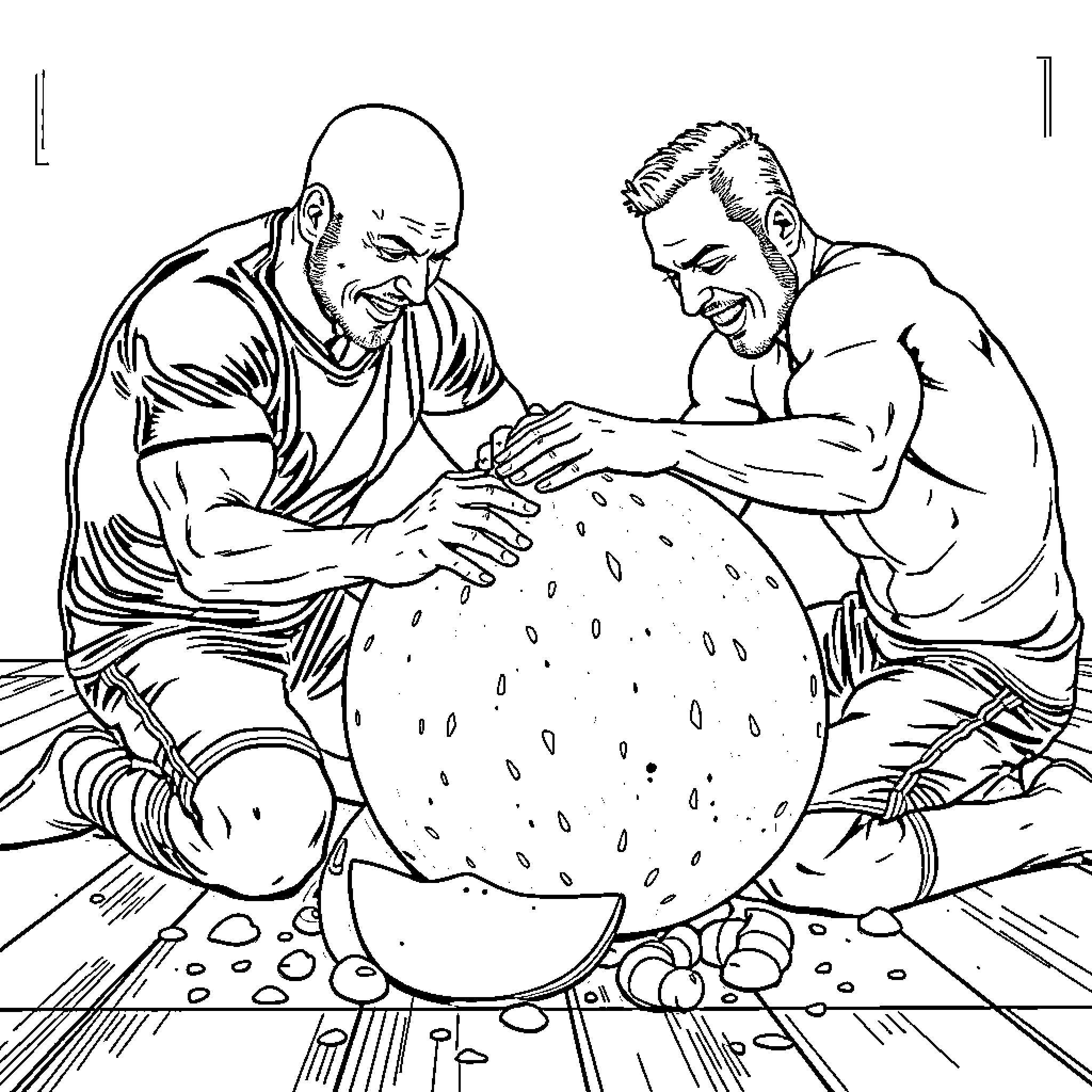 Man Pushing Huge Strawberry with Another Man Coloring Page (free black-and-white line drawing printable PDF for all, from beginners to advanced learners, including children, teens, adults, and seniors)