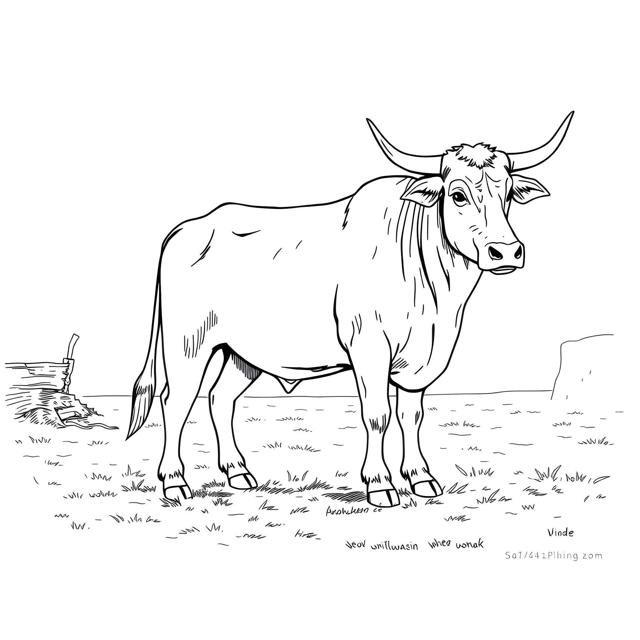 Ox standing in a field Coloring Page (free black-and-white line drawing printable PDF for all, from beginners to advanced learners, including children, teens, adults, and seniors)