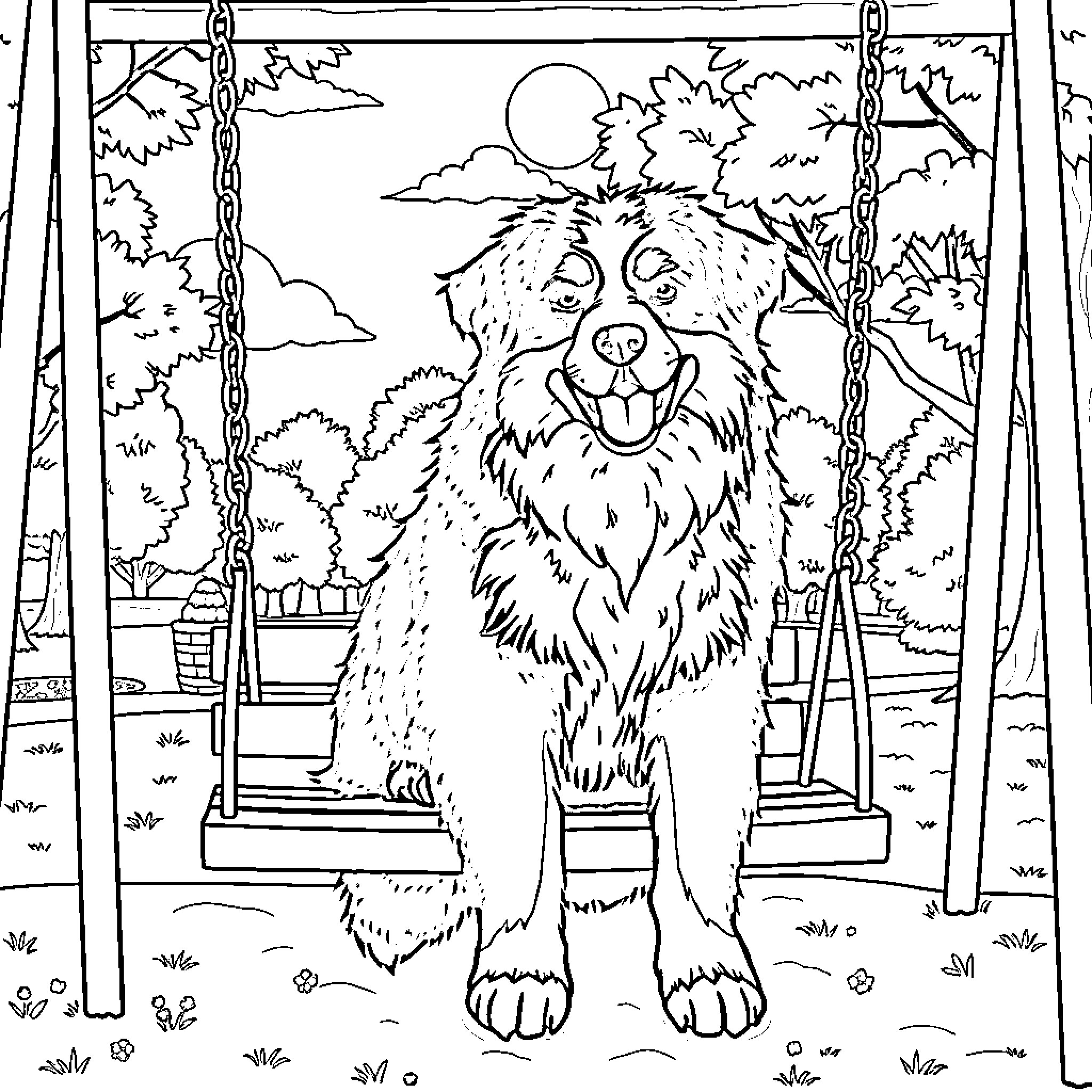 Bernese Mountain Dog playing happily on a swing Coloring Page (free black-and-white line drawing printable PDF for all, from beginners to advanced learners, including children, teens, adults, and seniors)