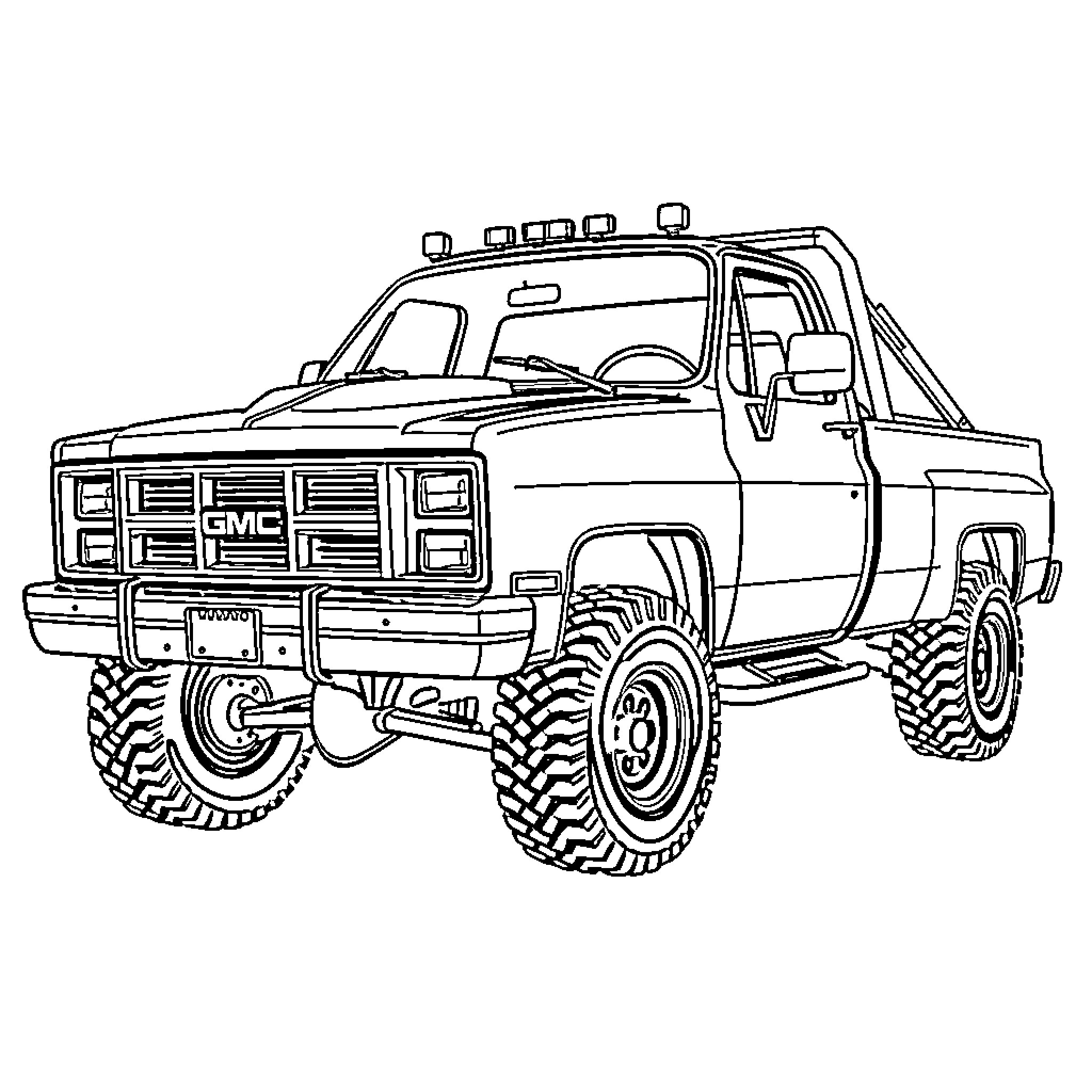 Truck with off-road accessories and equipment Coloring Page (free black-and-white line drawing printable PDF for all, from beginners to advanced learners, including children, teens, adults, and seniors)