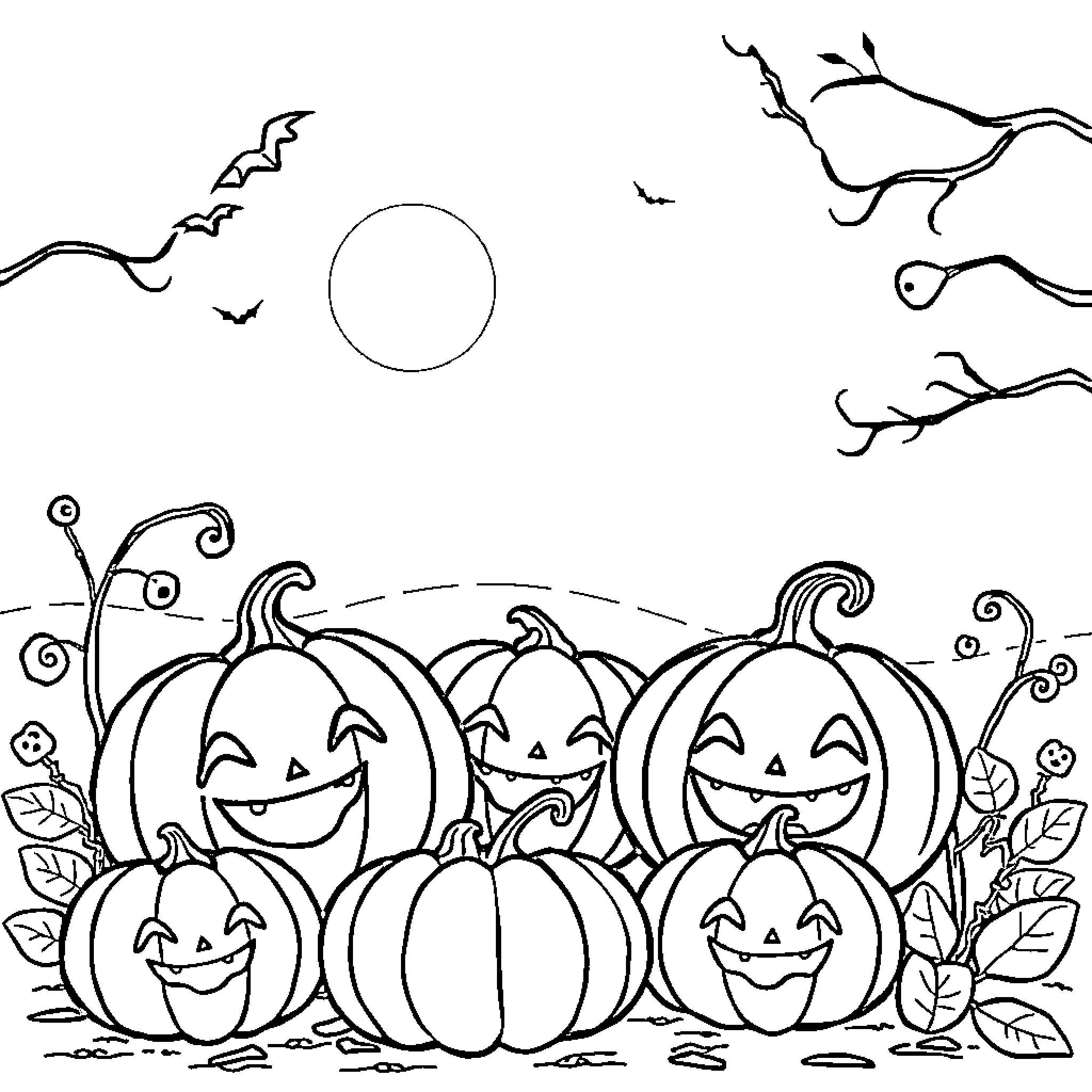 Pumpkins smiling under the moonlight Coloring Page (free black-and-white line drawing printable PDF for all, from beginners to advanced learners, including children, teens, adults, and seniors)