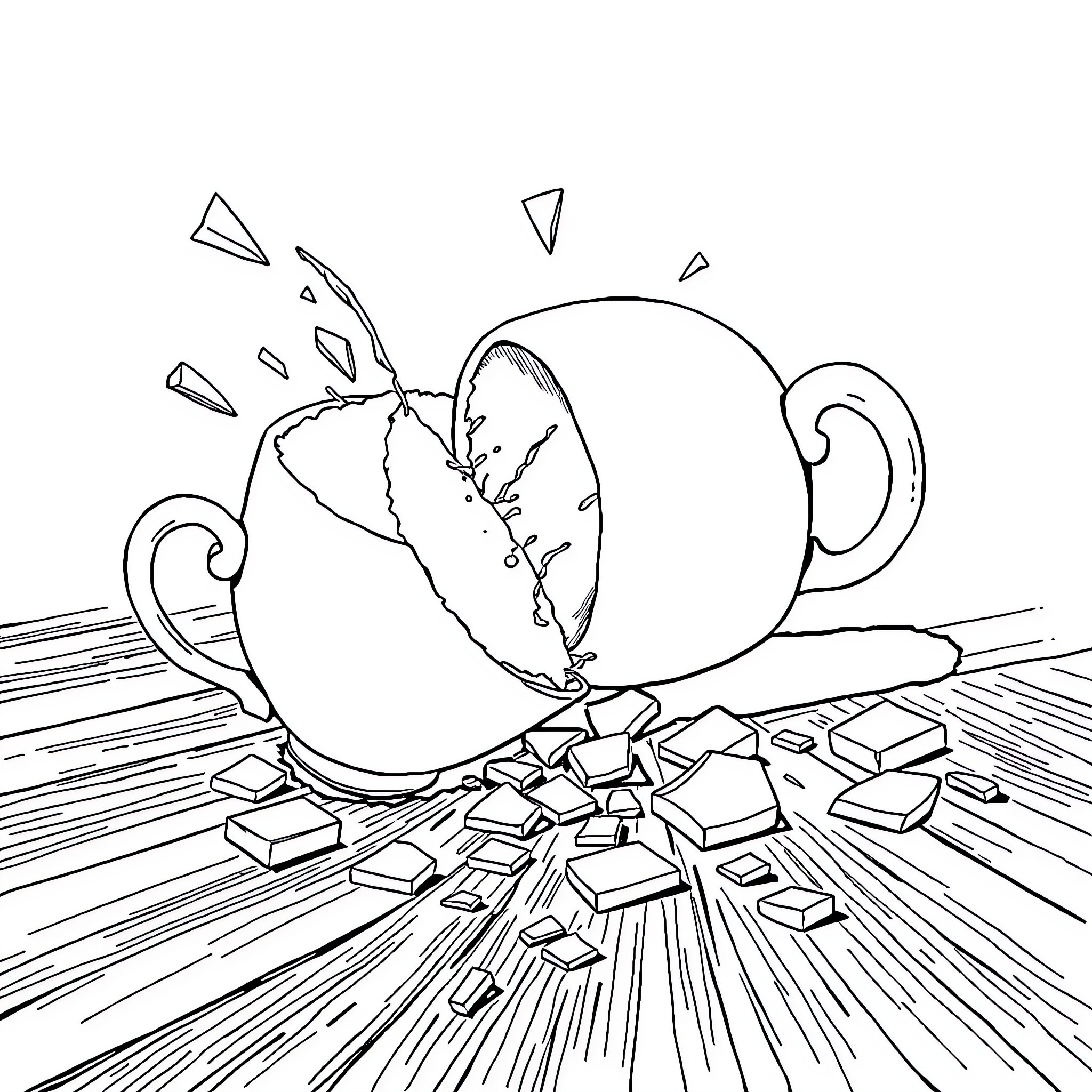 Cup smashed against floor in dramatic scene Coloring Page (free black-and-white line drawing printable PDF for all, from beginners to advanced learners, including children, teens, adults, and seniors)