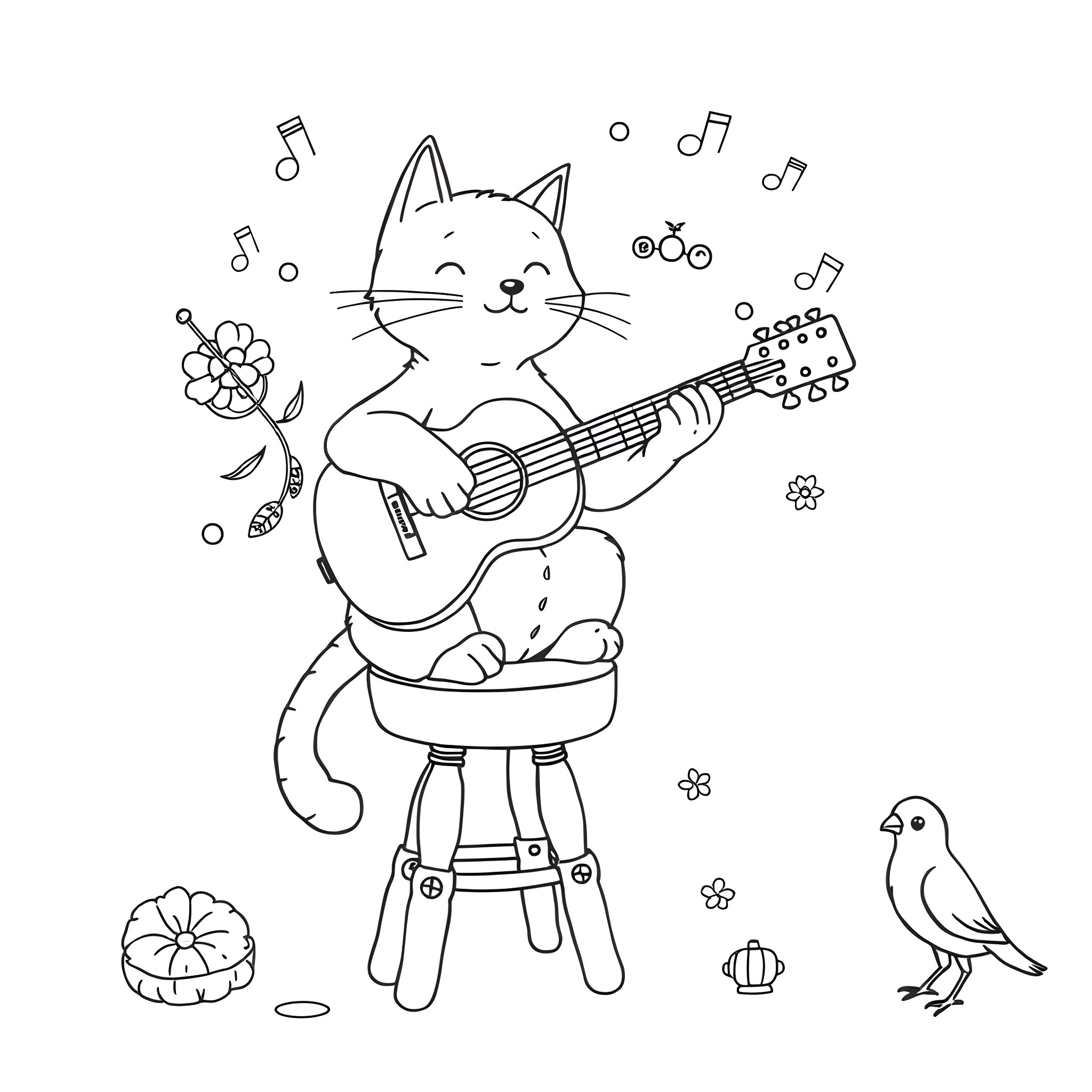 Cat playing guitar and surrounded by flowers Coloring Page (free black-and-white line drawing printable PDF for all, from beginners to advanced learners, including children, teens, adults, and seniors)