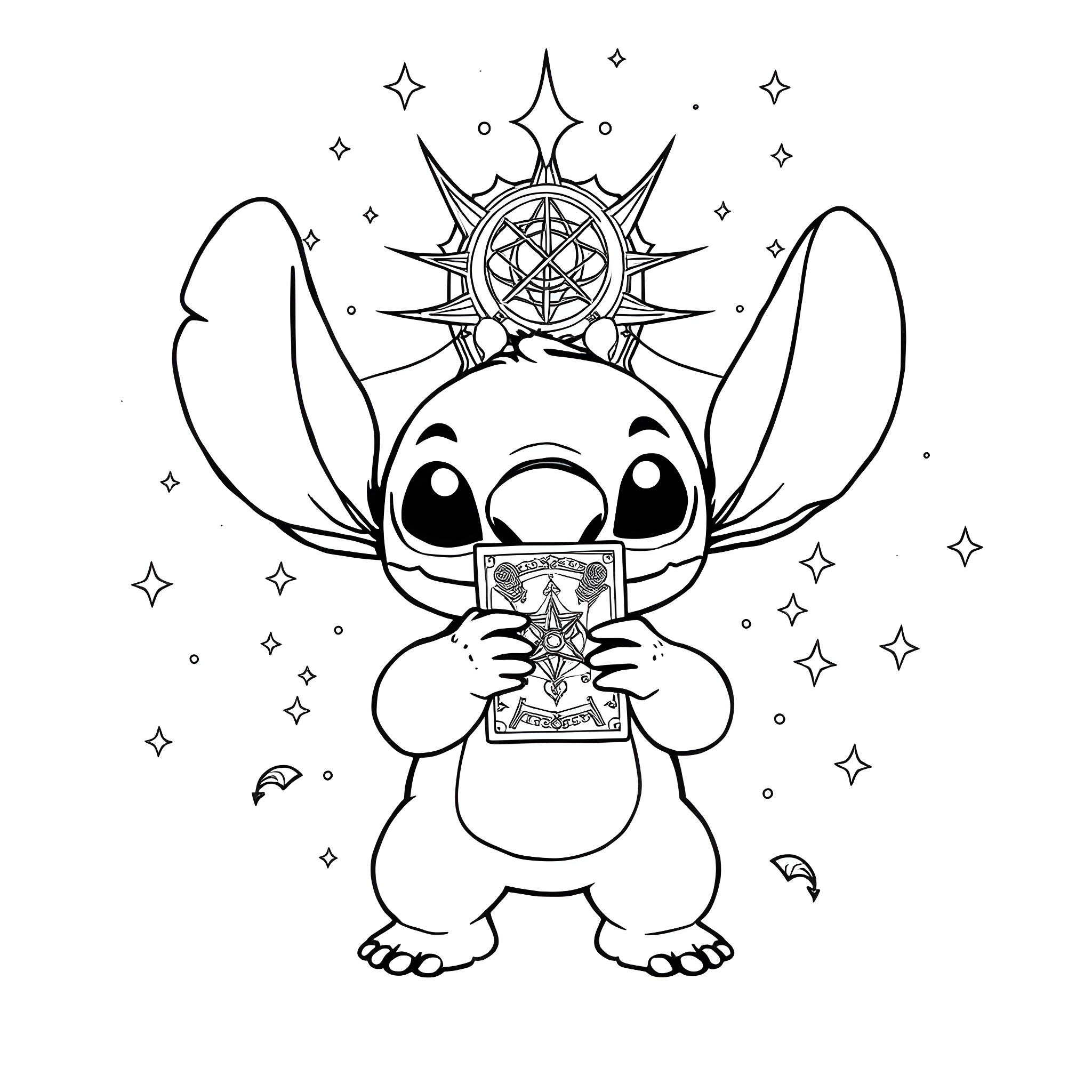 Stitch holding a mystical tarot card Coloring Page (free black-and-white line drawing printable PDF for all, from beginners to advanced learners, including children, teens, adults, and seniors)