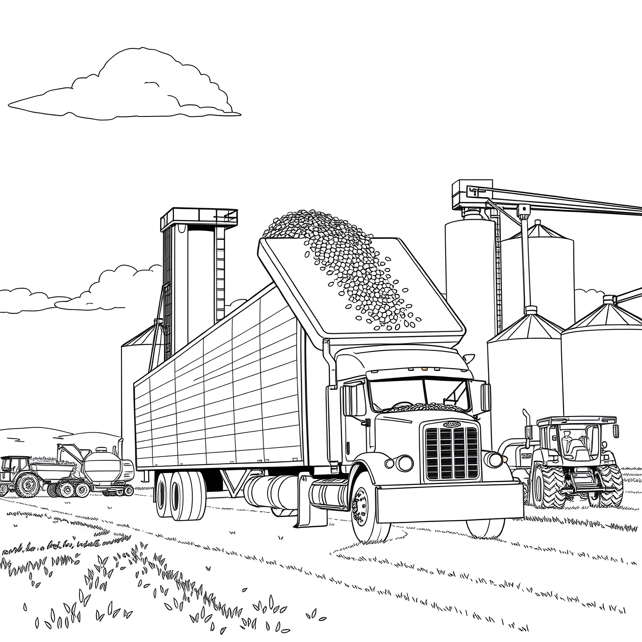 Trailer Truck Transporting Crop Harvesting Machinery Coloring Page (free black-and-white line drawing printable PDF for all, from beginners to advanced learners, including children, teens, adults, and seniors)