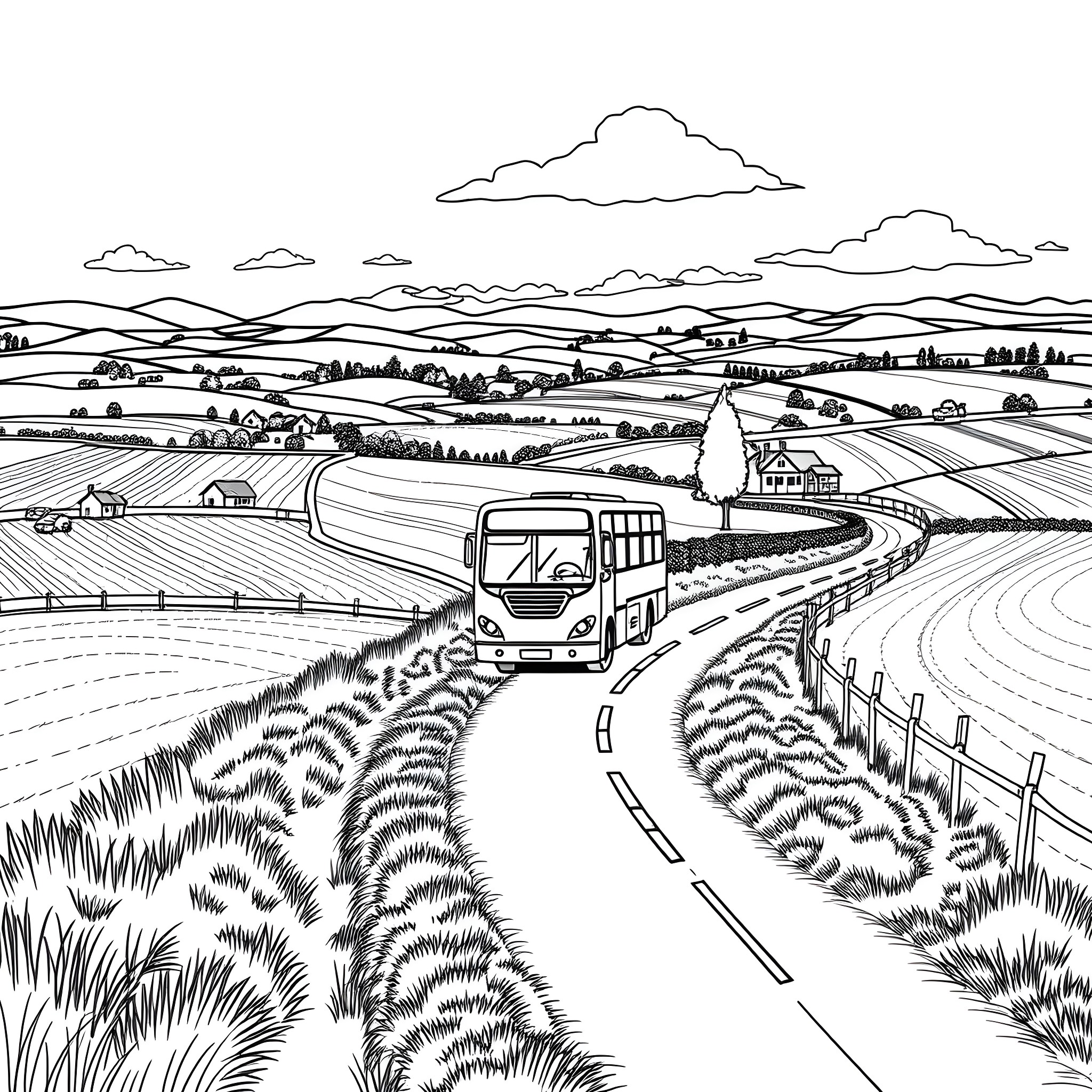 Bus Traveling Through Scenic Rural Countryside Coloring Page (free black-and-white line drawing printable PDF for all, from beginners to advanced learners, including children, teens, adults, and seniors)