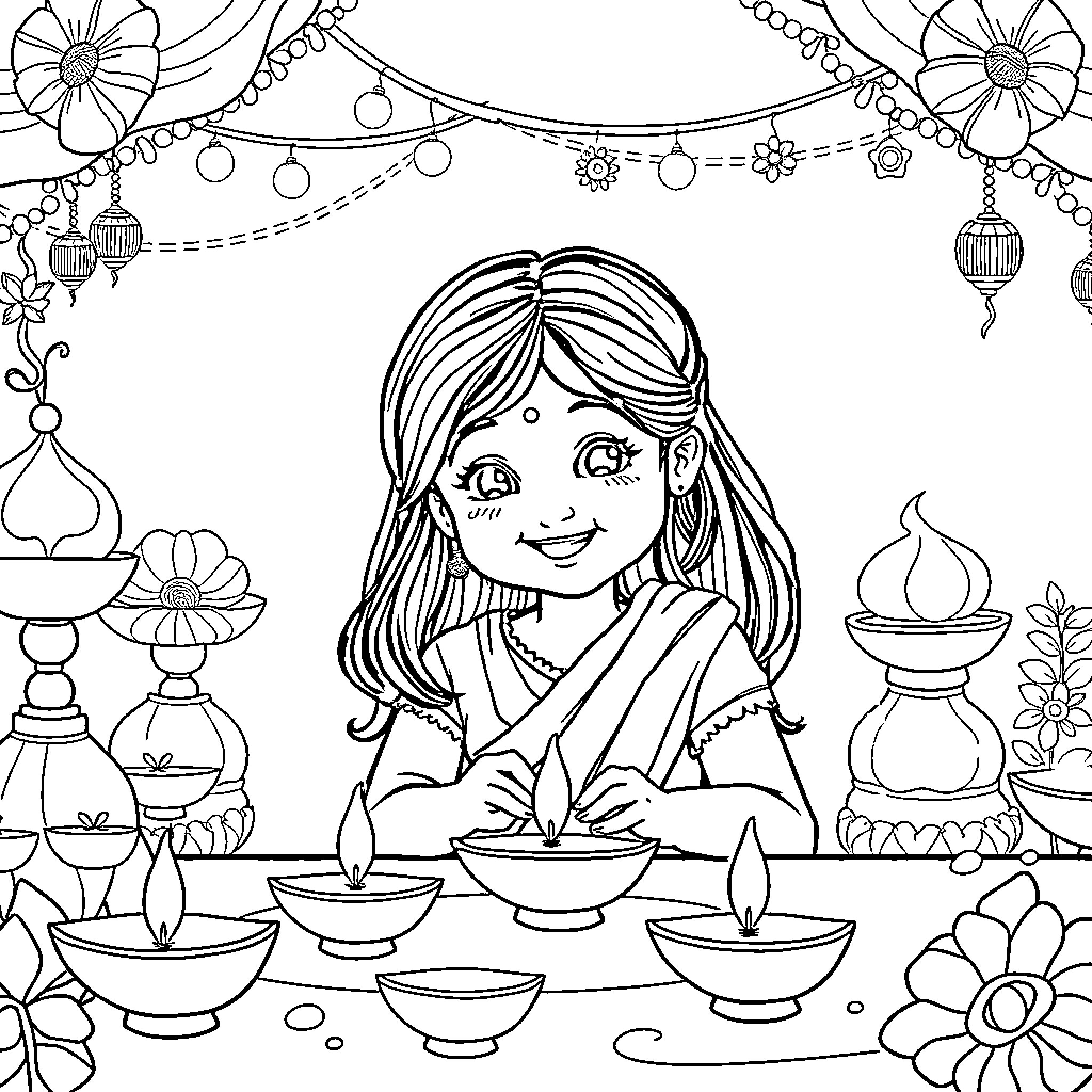 Girl celebrating Diwali with oil lamps and decorations Coloring Page (free black-and-white line drawing printable PDF for all, from beginners to advanced learners, including children, teens, adults, and seniors)