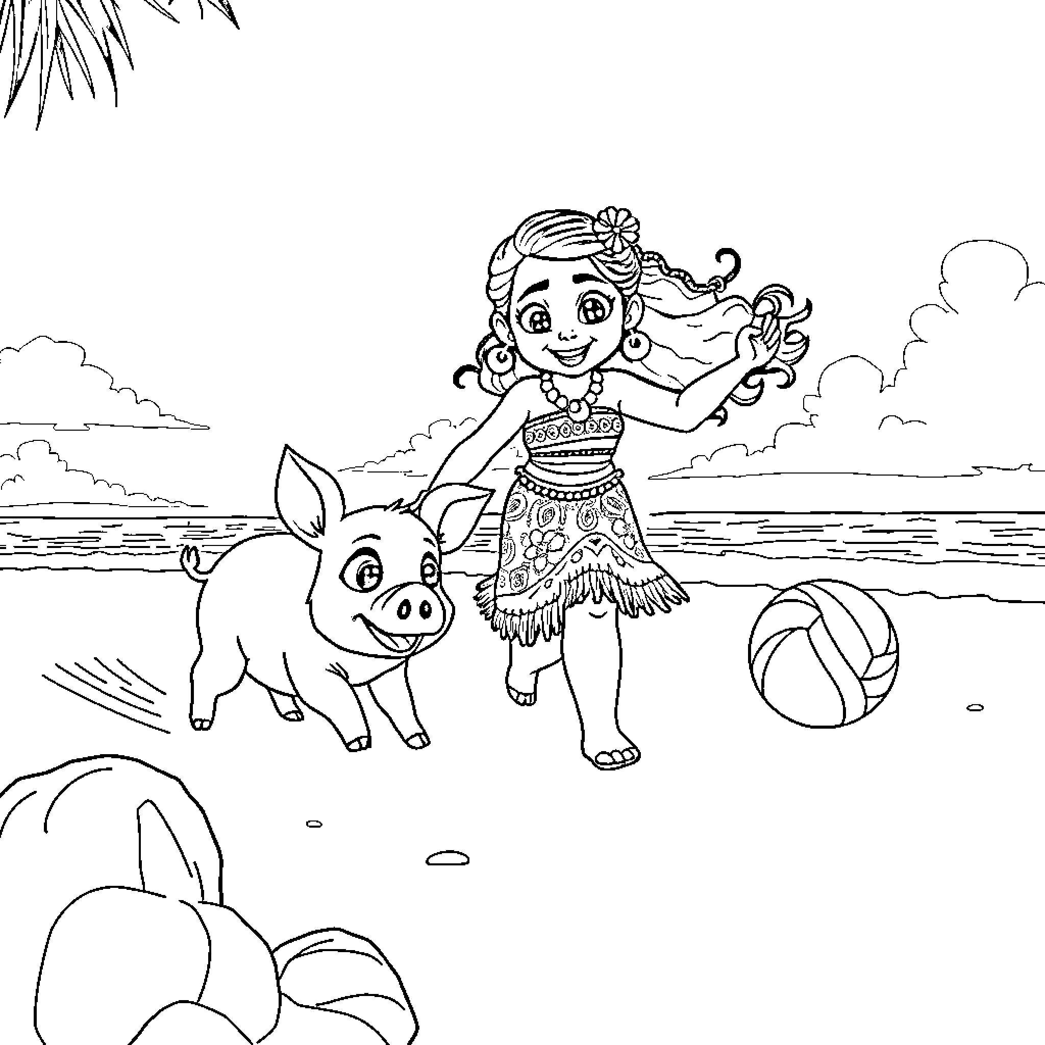 Moana playing happily with her companion on the beach Coloring Page (free black-and-white line drawing printable PDF for all, from beginners to advanced learners, including children, teens, adults, and seniors)