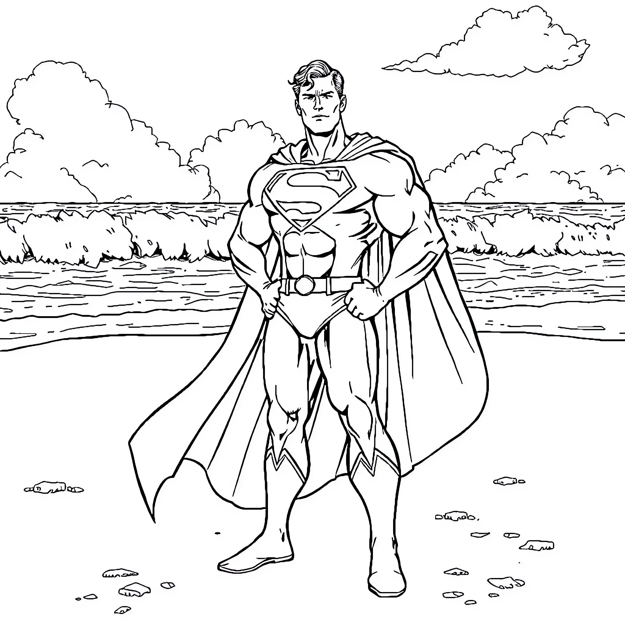 Superman stands heroically in a scenic landscape Coloring Page (free black-and-white line drawing printable PDF for all, from beginners to advanced learners, including children, teens, adults, and seniors)