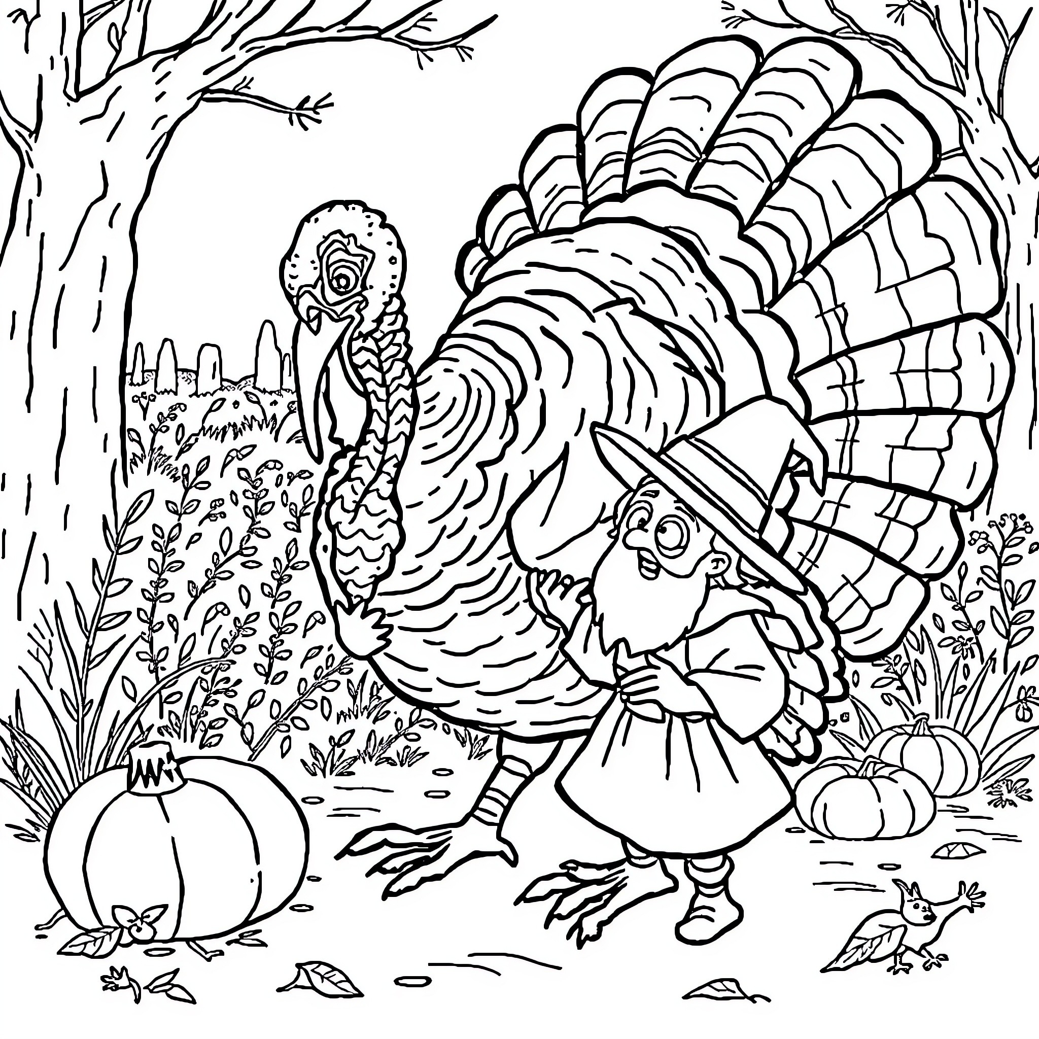 Turkey in the Woods with Scarecrow Coloring Page (free black-and-white line drawing printable PDF for all, from beginners to advanced learners, including children, teens, adults, and seniors)