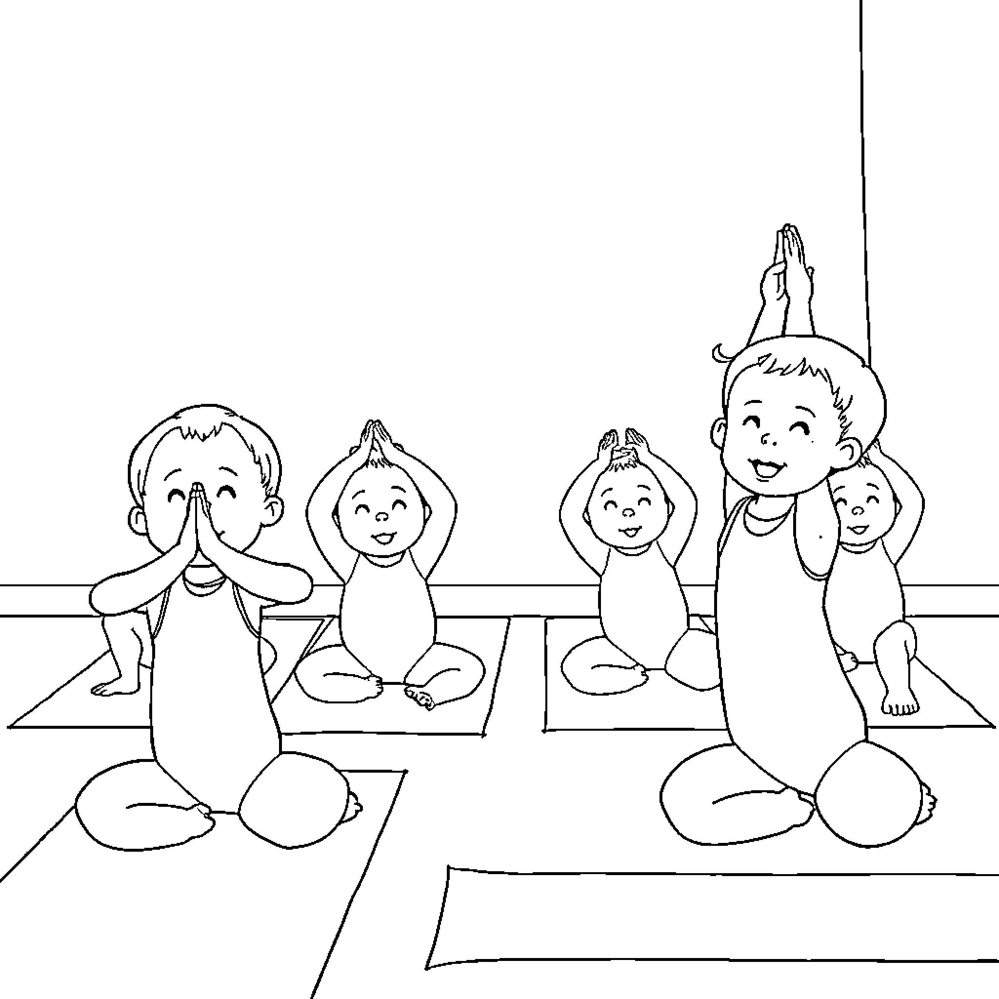 Baby friends practicing yoga together Coloring Page (free black-and-white line drawing printable PDF for all, from beginners to advanced learners, including children, teens, adults, and seniors)