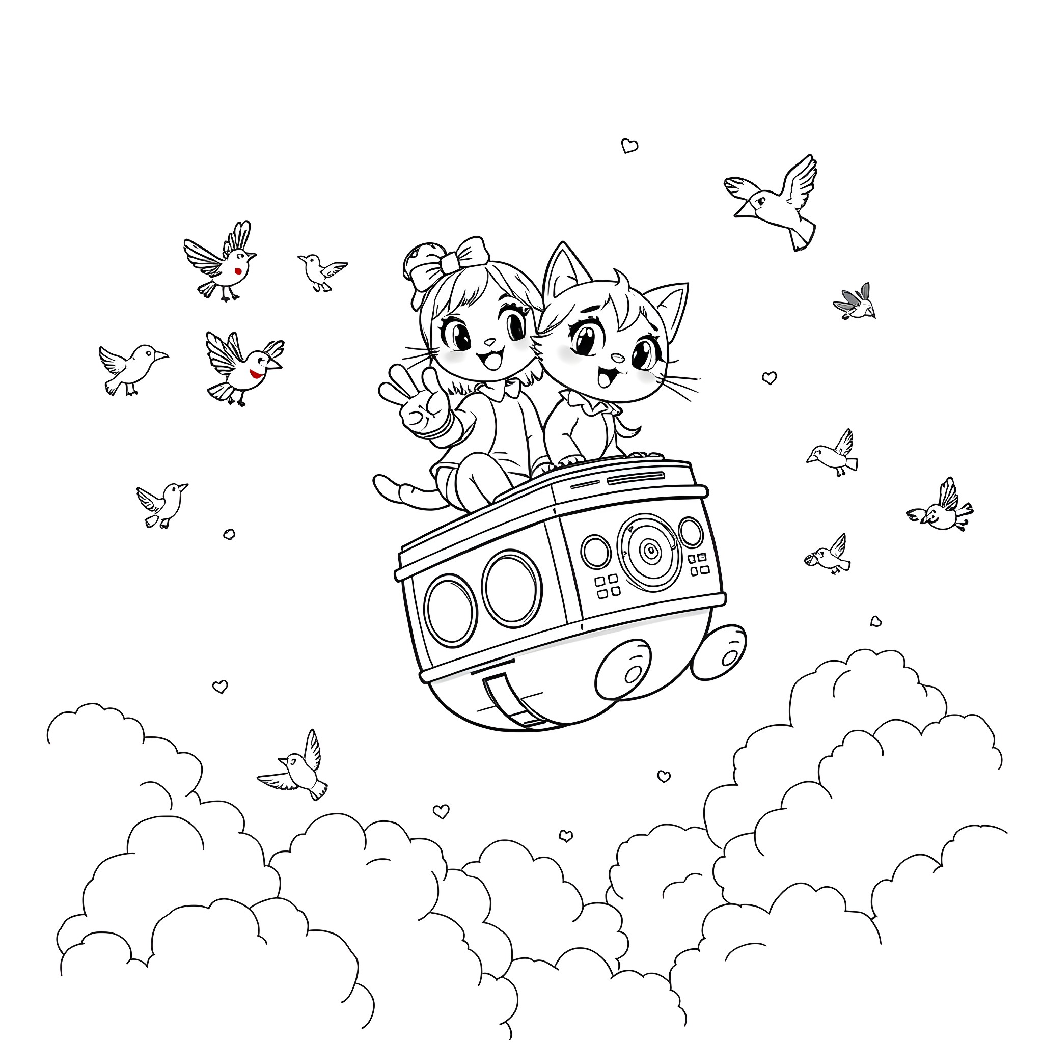 Gabby and her cat friend riding a trolley bus Coloring Page (free black-and-white line drawing printable PDF for all, from beginners to advanced learners, including children, teens, adults, and seniors)