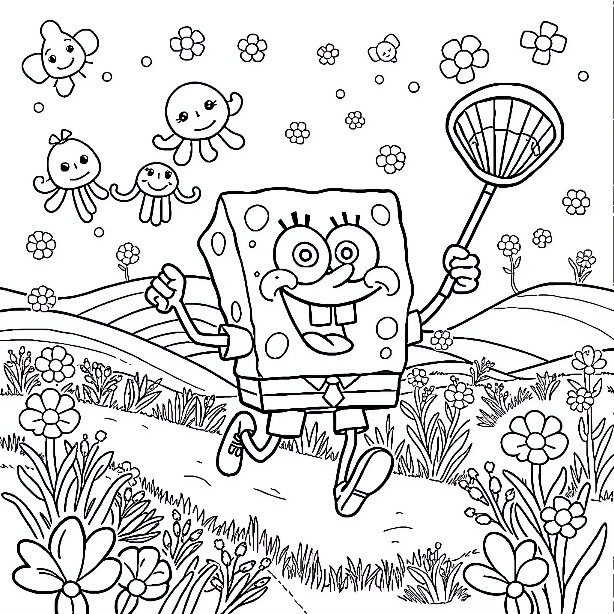 Spongebob playing joyfully in a flower-filled meadow Coloring Page (free black-and-white line drawing printable PDF for all, from beginners to advanced learners, including children, teens, adults, and seniors)