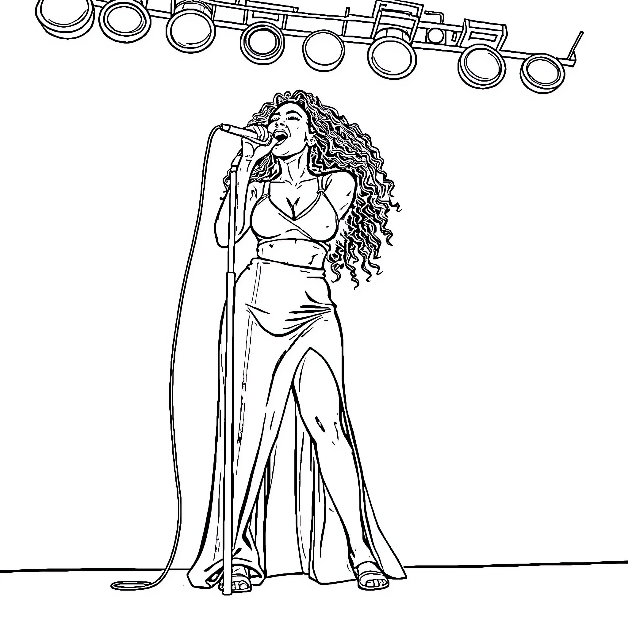 SZA Performing with Passion on Stage Coloring Page (free black-and-white line drawing printable PDF for all, from beginners to advanced learners, including children, teens, adults, and seniors)