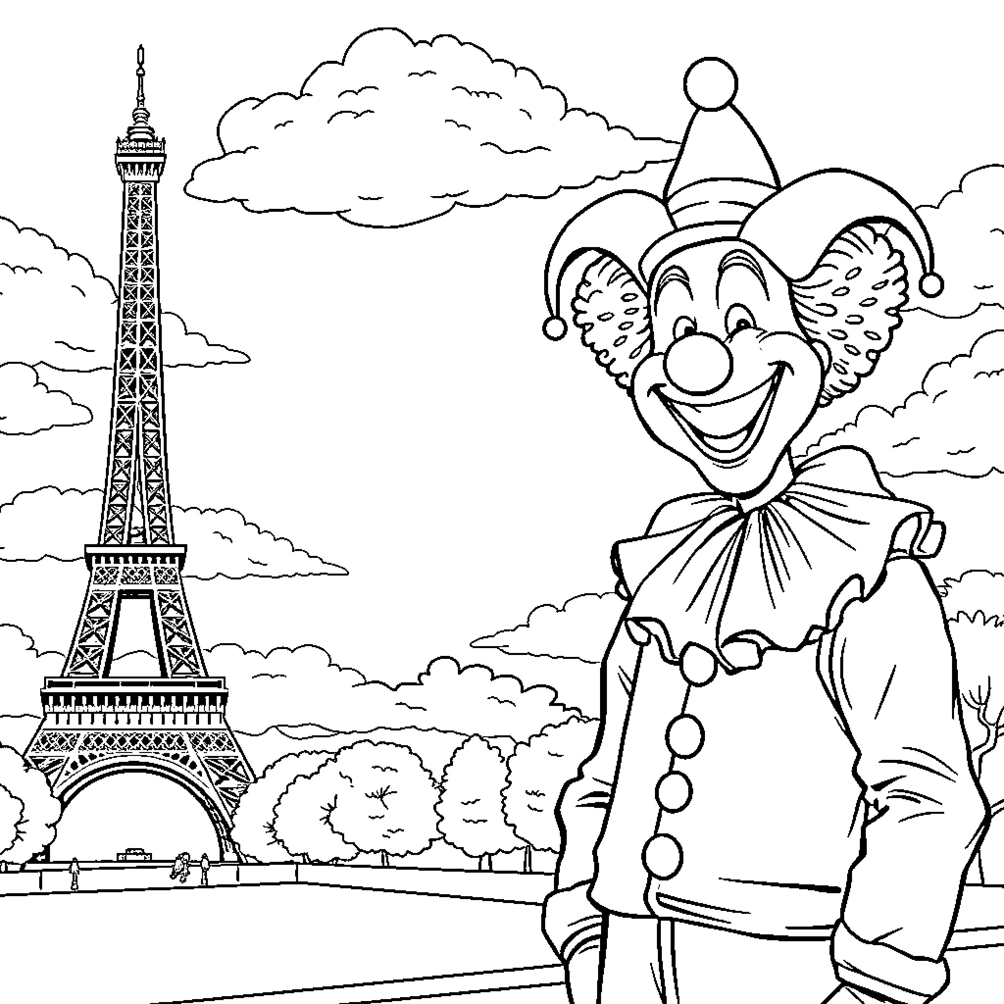 Clown performing in front of Eiffel Tower Coloring Page (free black-and-white line drawing printable PDF for all, from beginners to advanced learners, including children, teens, adults, and seniors)