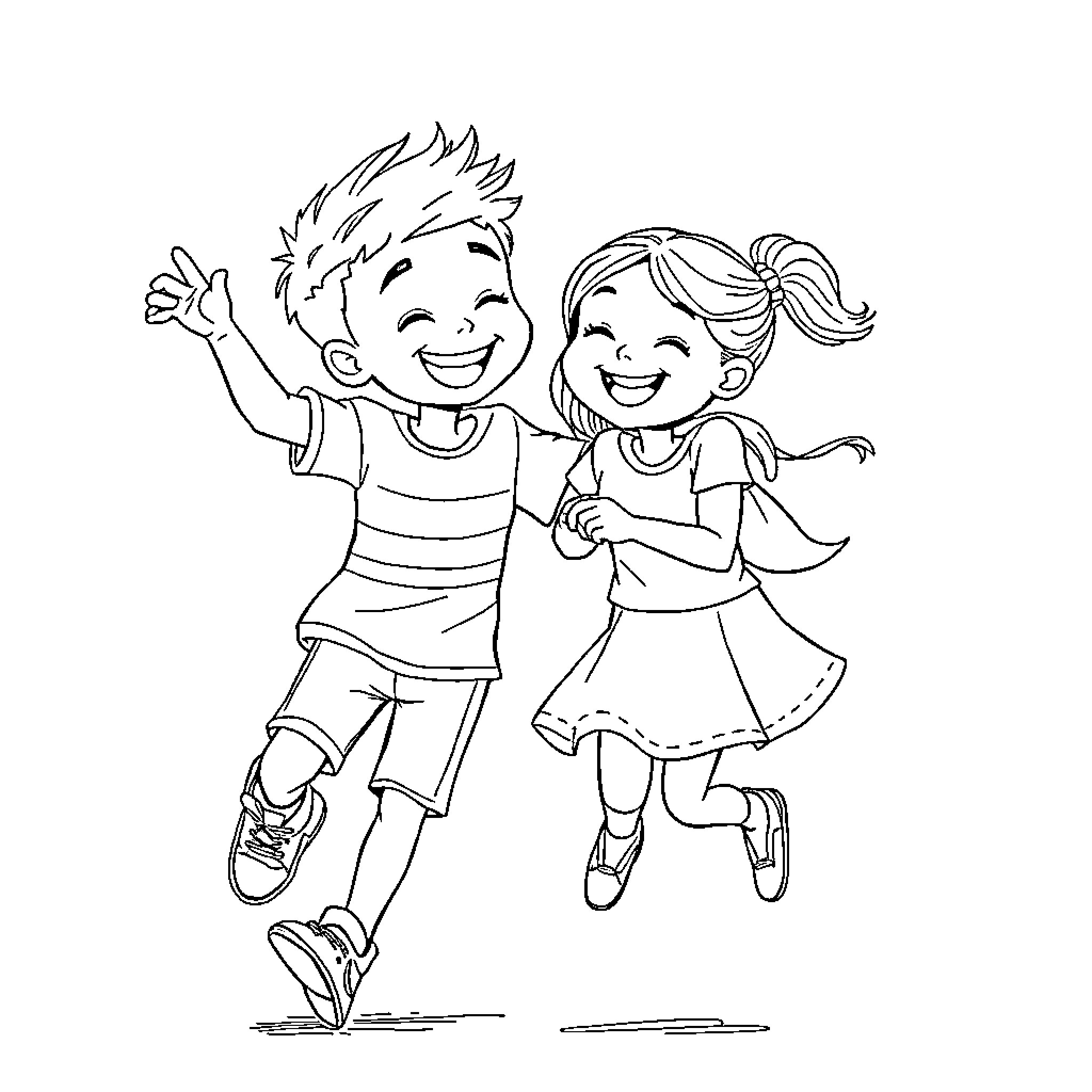 Siblings playing and having fun together Coloring Page (free black-and-white line drawing printable PDF for all, from beginners to advanced learners, including children, teens, adults, and seniors)