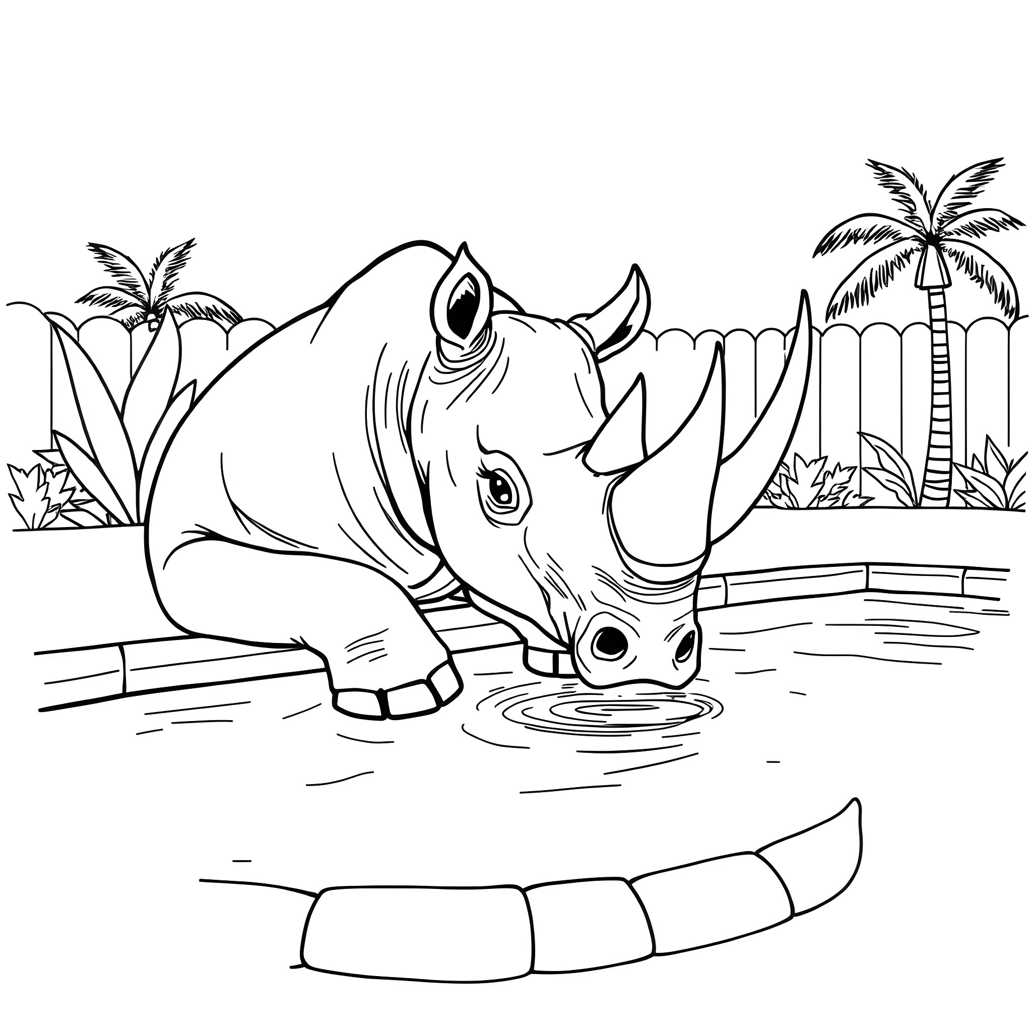 Rhinoceros wading in a tropical pond Coloring Page (free black-and-white line drawing printable PDF for all, from beginners to advanced learners, including children, teens, adults, and seniors)
