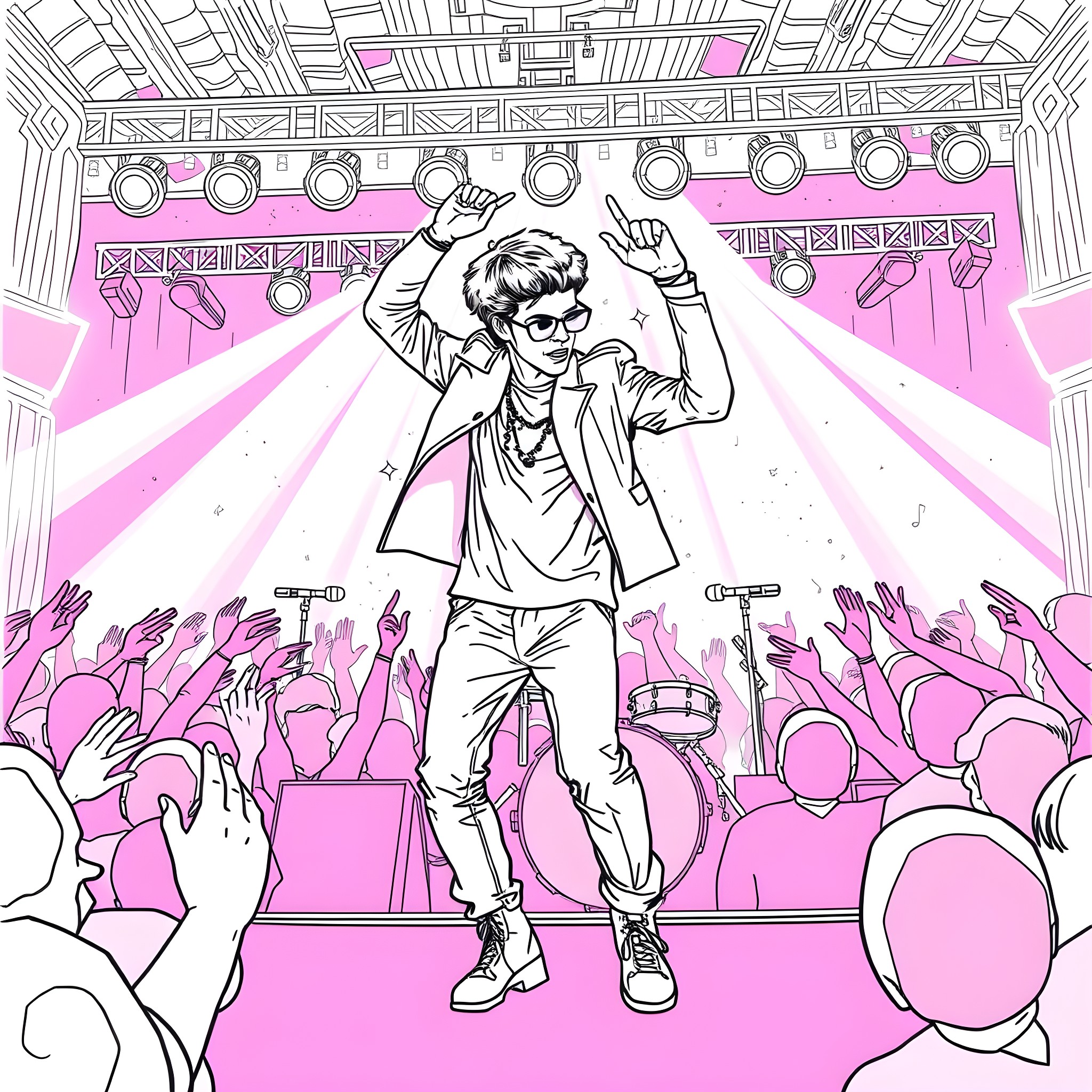 Bruno Mars rocking the stage with lively performance Coloring Page (free black-and-white line drawing printable PDF for all, from beginners to advanced learners, including children, teens, adults, and seniors)