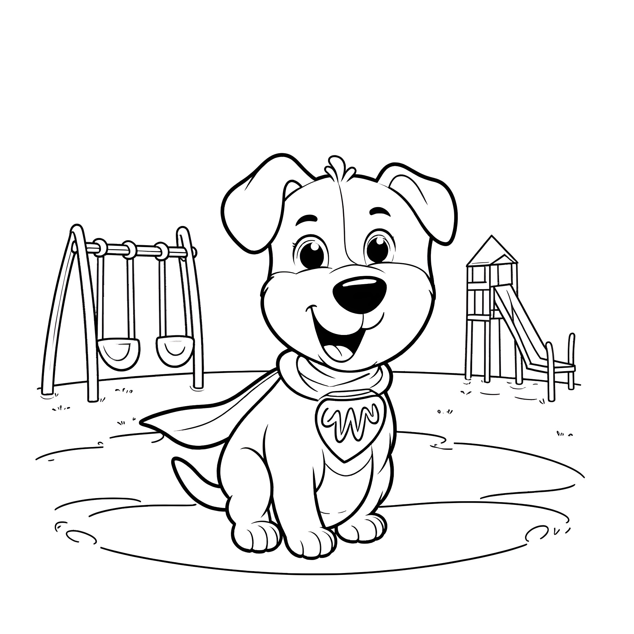 Dog enjoying the playground Coloring Page (free black-and-white line drawing printable PDF for all, from beginners to advanced learners, including children, teens, adults, and seniors)