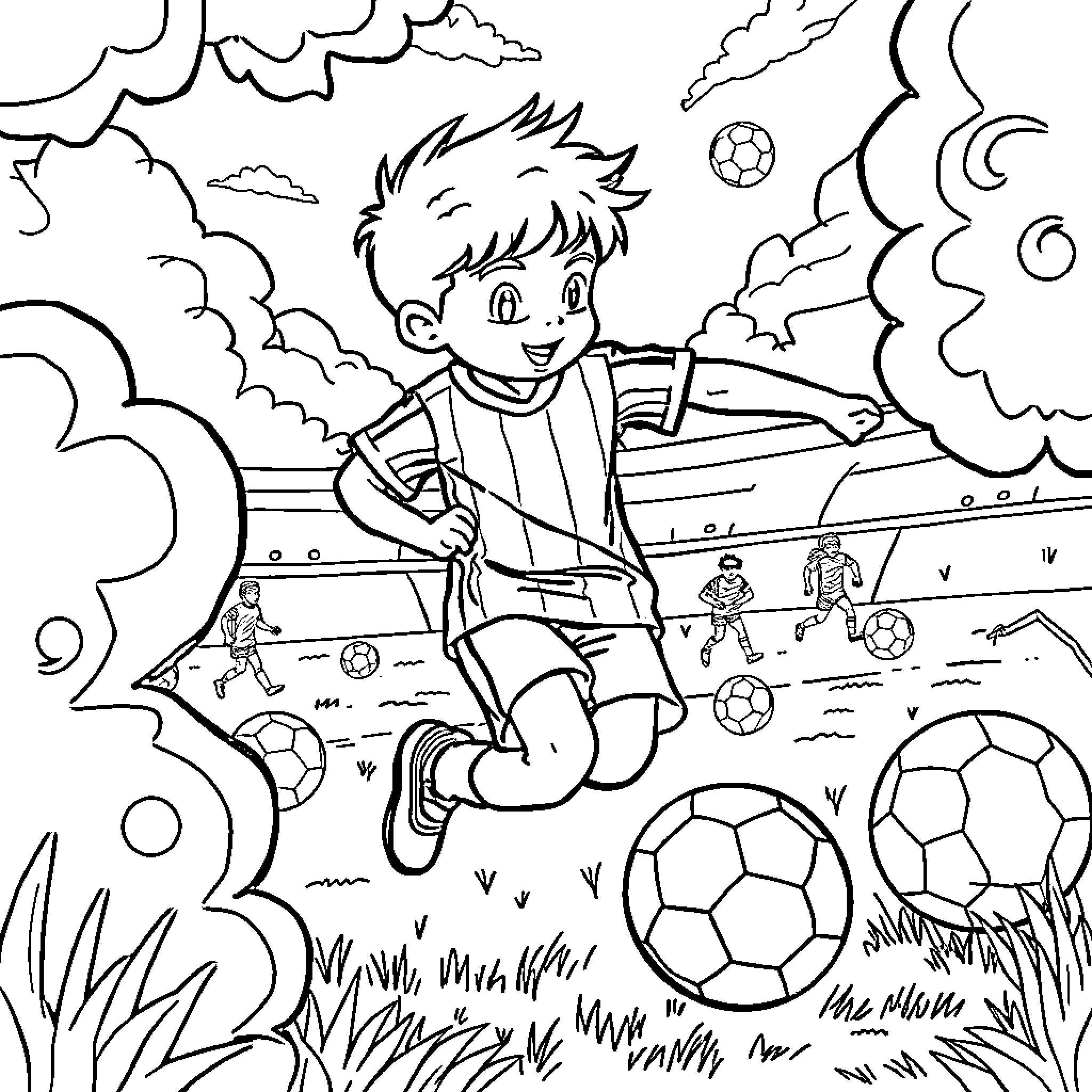 Soccer Player Kicking Ball on Field with Clouds Coloring Page (free black-and-white line drawing printable PDF for all, from beginners to advanced learners, including children, teens, adults, and seniors)