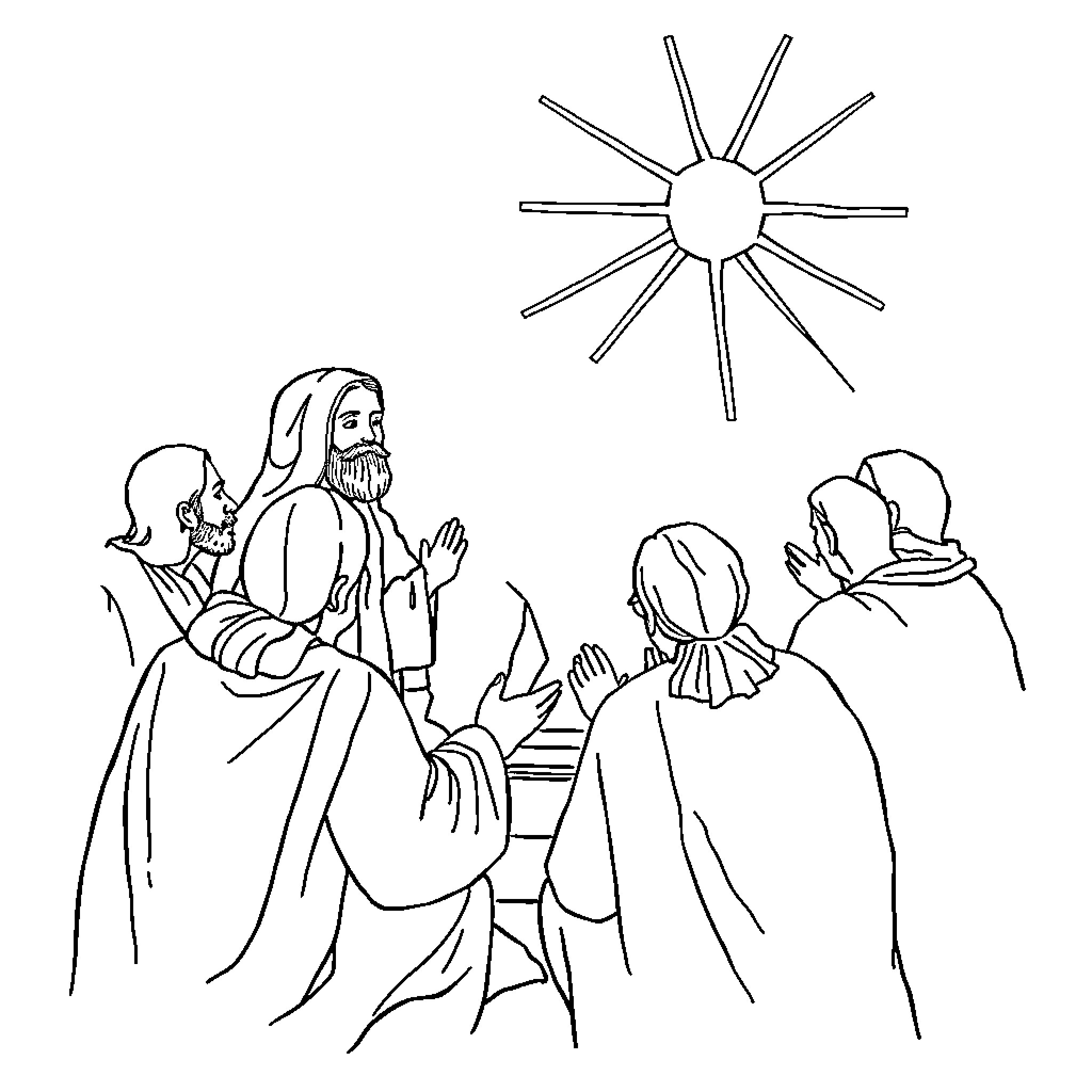 Holy Spirit guiding the gathering of disciples Coloring Page (free black-and-white line drawing printable PDF for all, from beginners to advanced learners, including children, teens, adults, and seniors)
