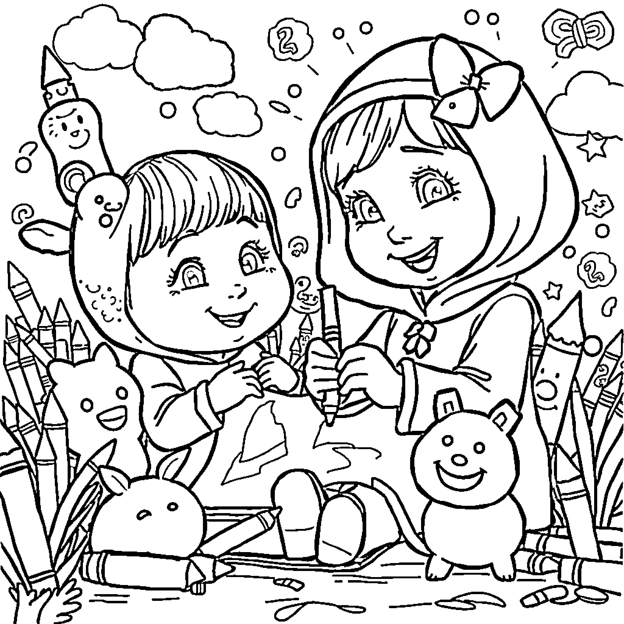 Masha playing joyfully with her animal friends Coloring Page (free black-and-white line drawing printable PDF for all, from beginners to advanced learners, including children, teens, adults, and seniors)