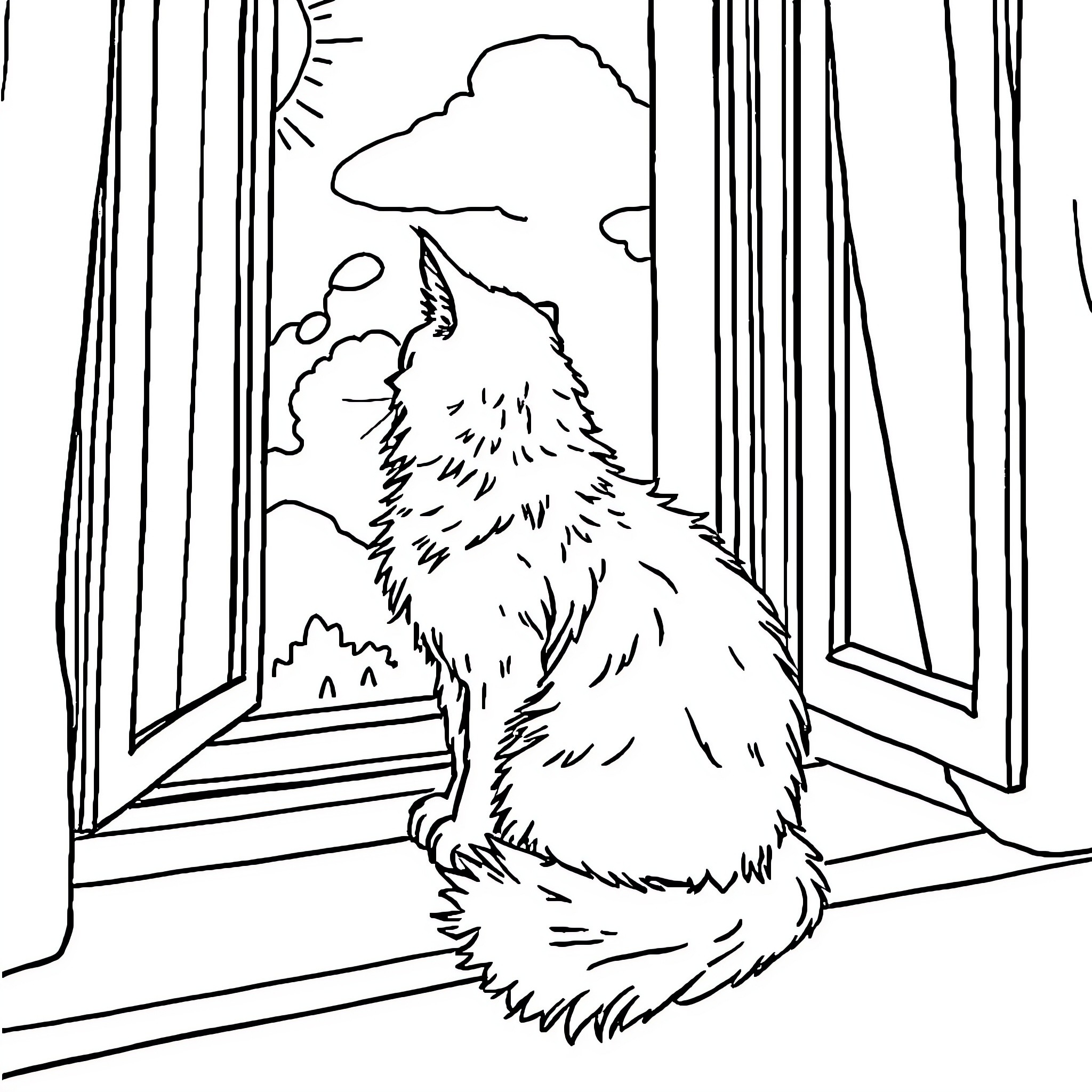 Cat howling at the moon on a winter night Coloring Page (free black-and-white line drawing printable PDF for all, from beginners to advanced learners, including children, teens, adults, and seniors)