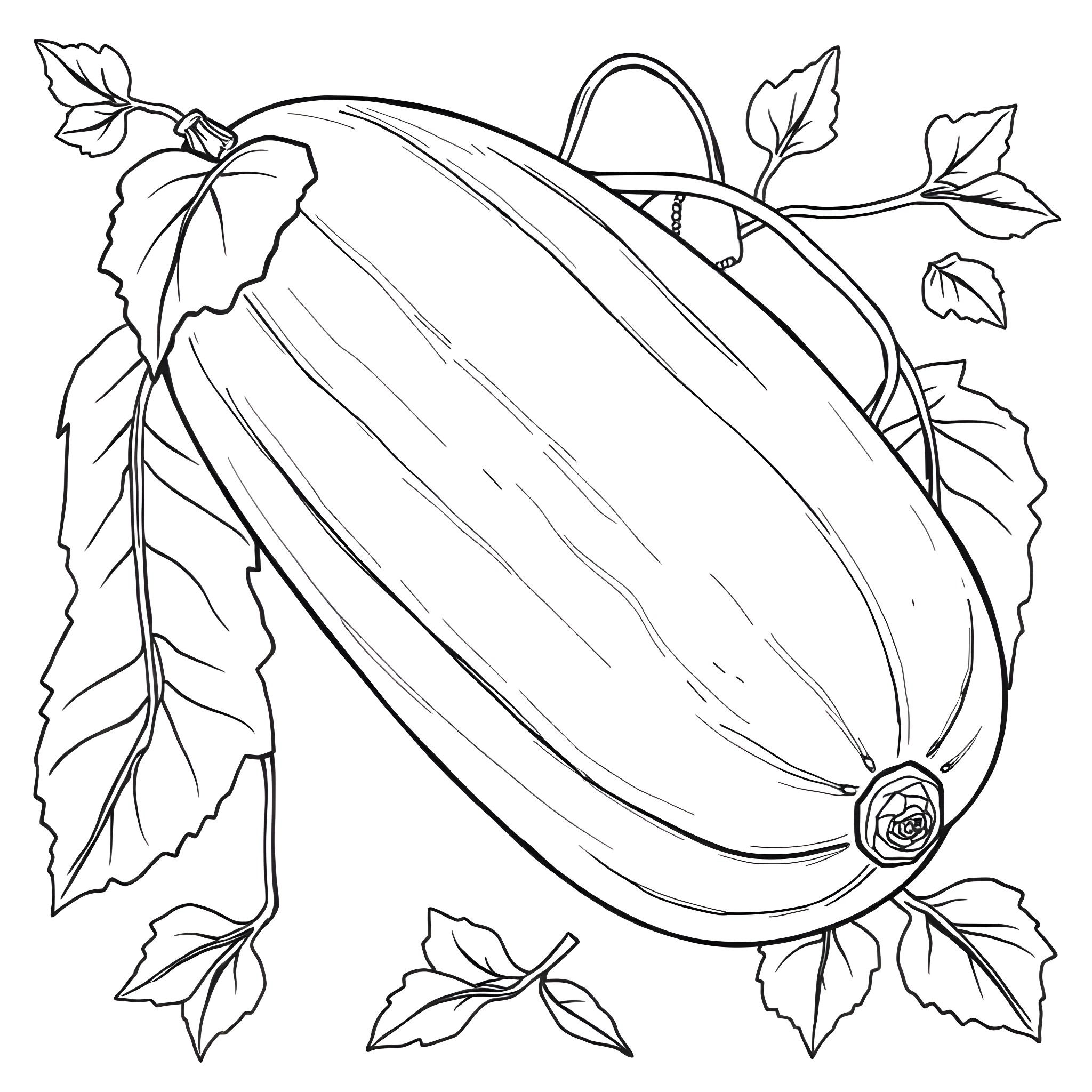 Cucumber with Vines and Leaves Coloring Page (free black-and-white line drawing printable PDF for all, from beginners to advanced learners, including children, teens, adults, and seniors)