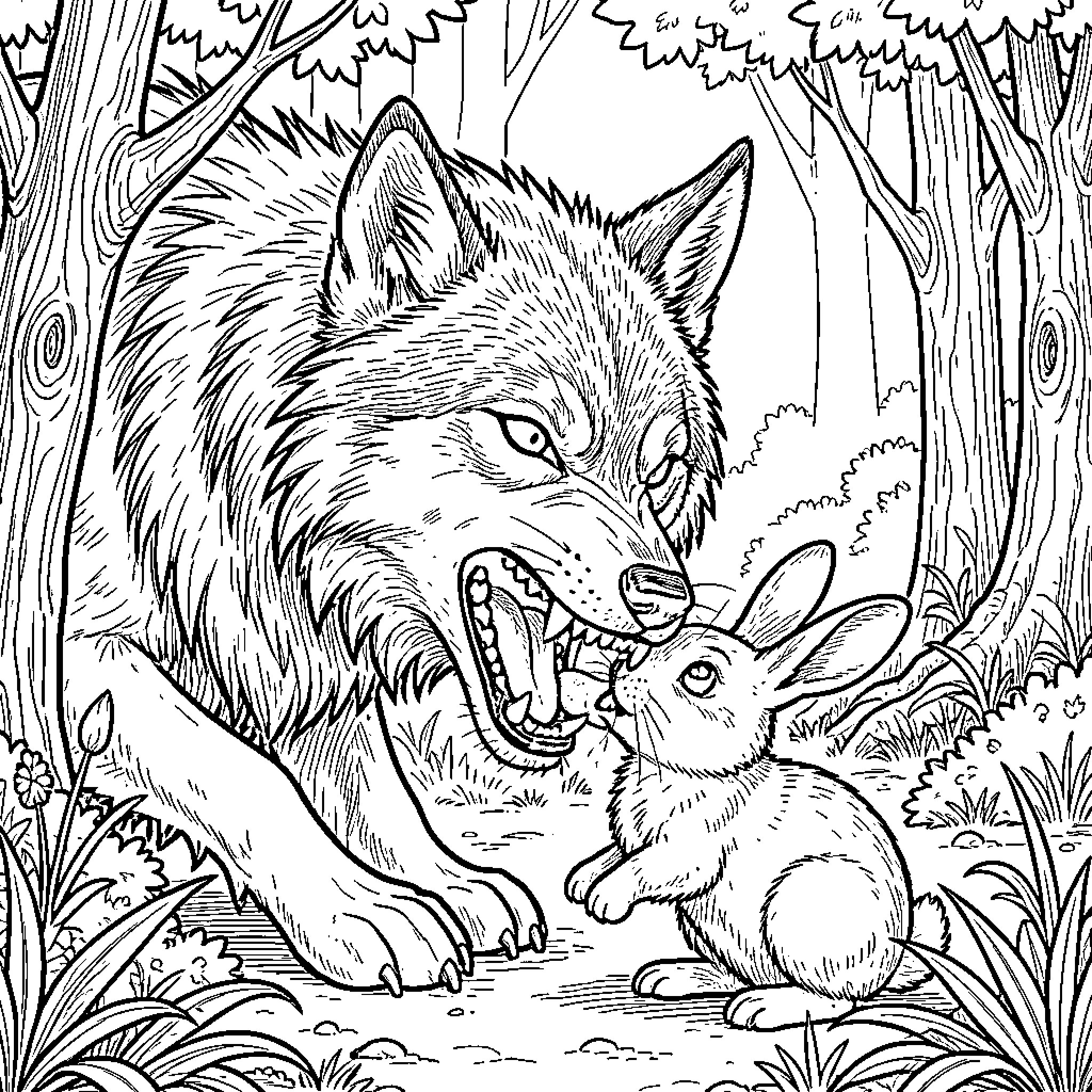 Wolf Stalking a Frightened Rabbit in the Forest Coloring Page (free black-and-white line drawing printable PDF for all, from beginners to advanced learners, including children, teens, adults, and seniors)