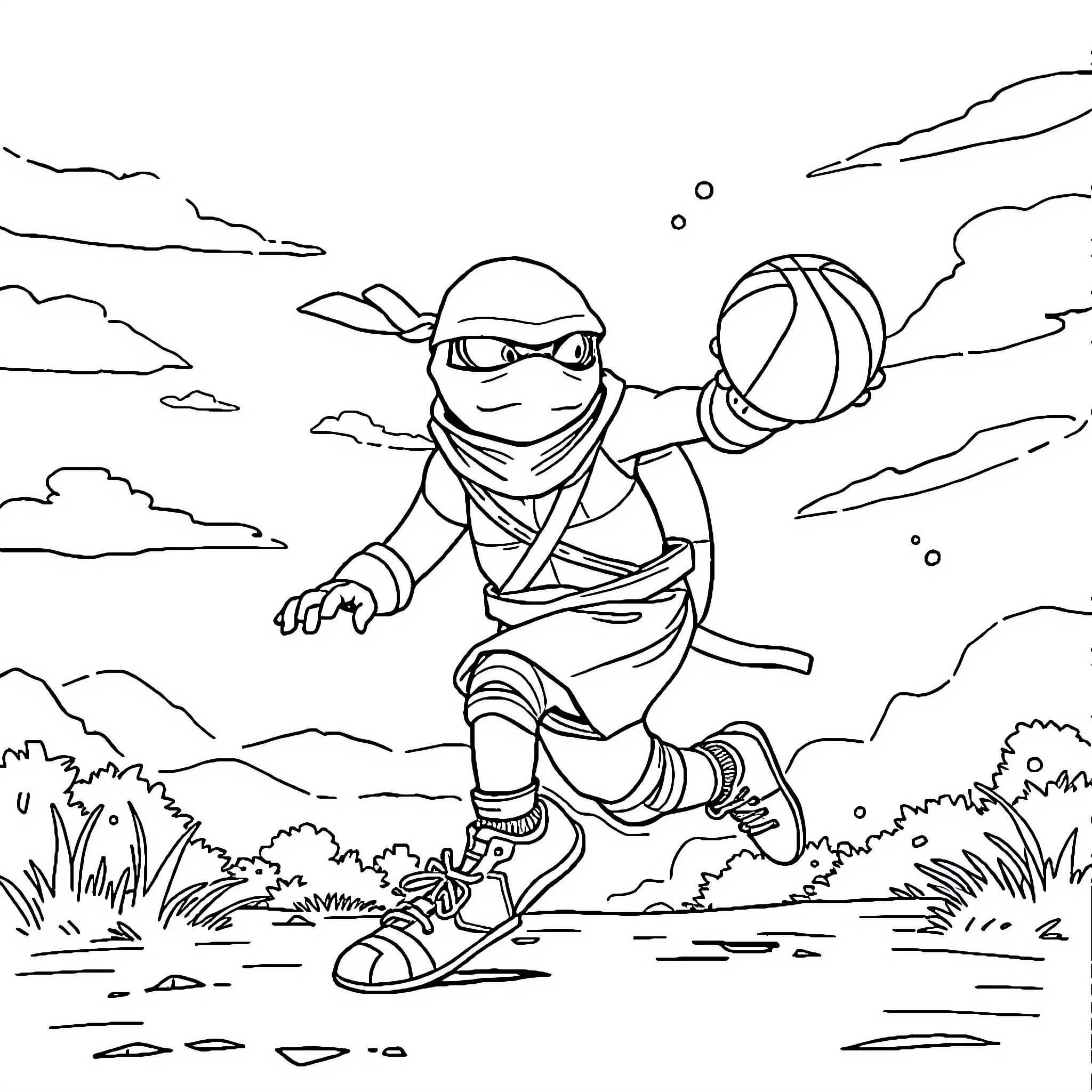 Turtle ninja dribbling basketball in outdoor scene Coloring Page (free black-and-white line drawing printable PDF for all, from beginners to advanced learners, including children, teens, adults, and seniors)