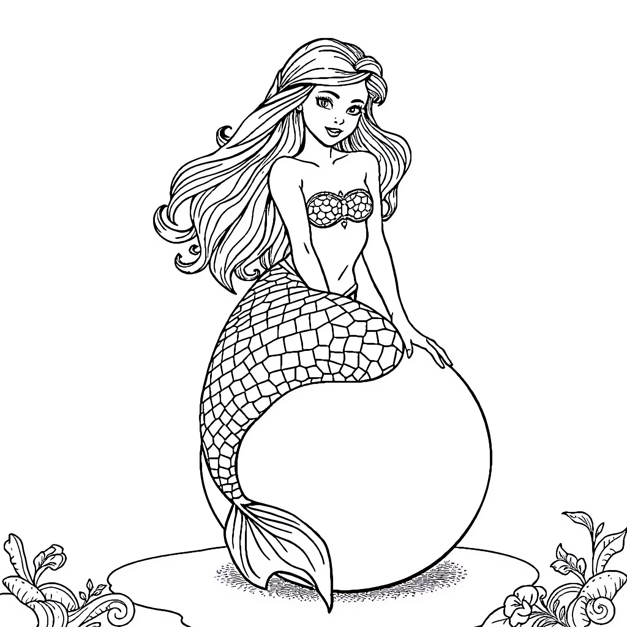 Mermaid with flowing hair posing elegantly Coloring Page (free black-and-white line drawing printable PDF for all, from beginners to advanced learners, including children, teens, adults, and seniors)