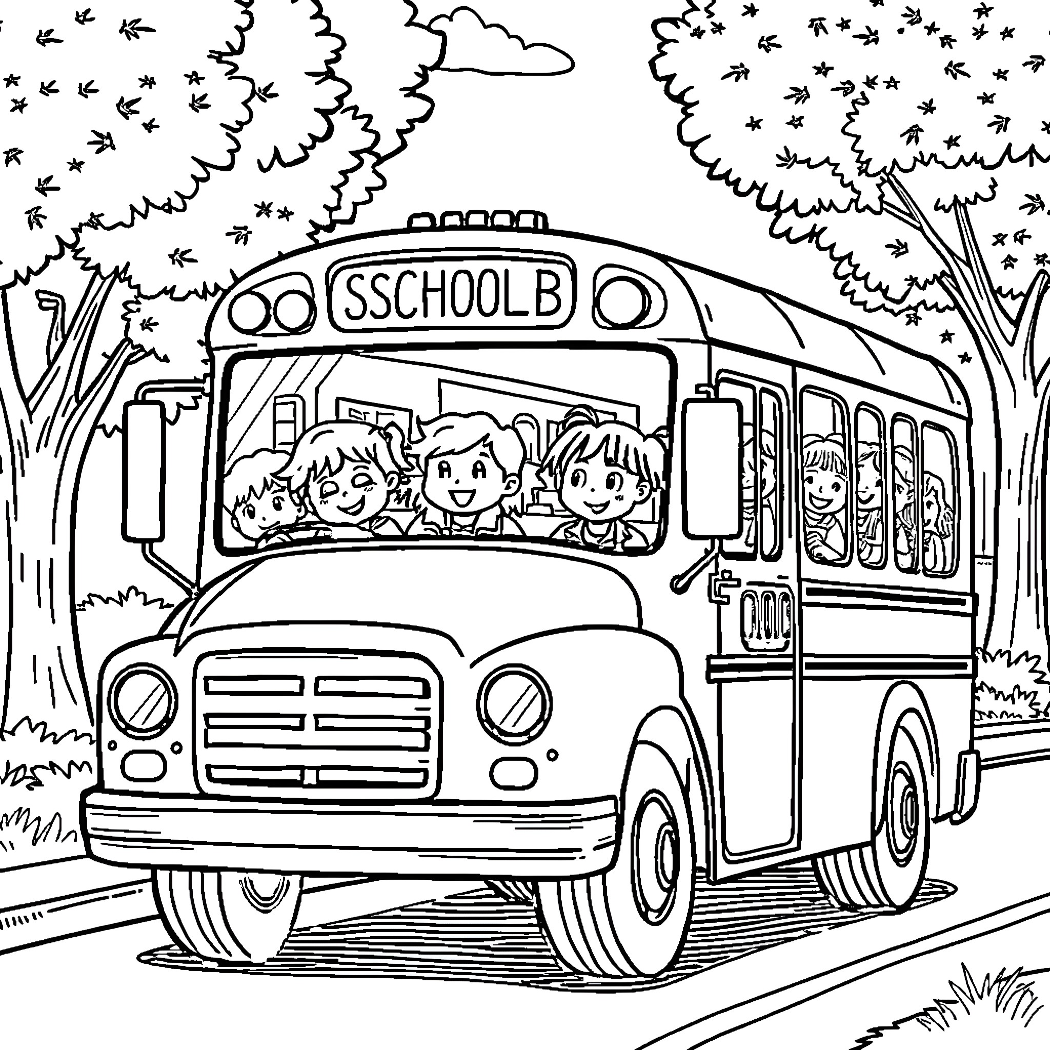 Bus with happy students going to school Coloring Page (free black-and-white line drawing printable PDF for all, from beginners to advanced learners, including children, teens, adults, and seniors)