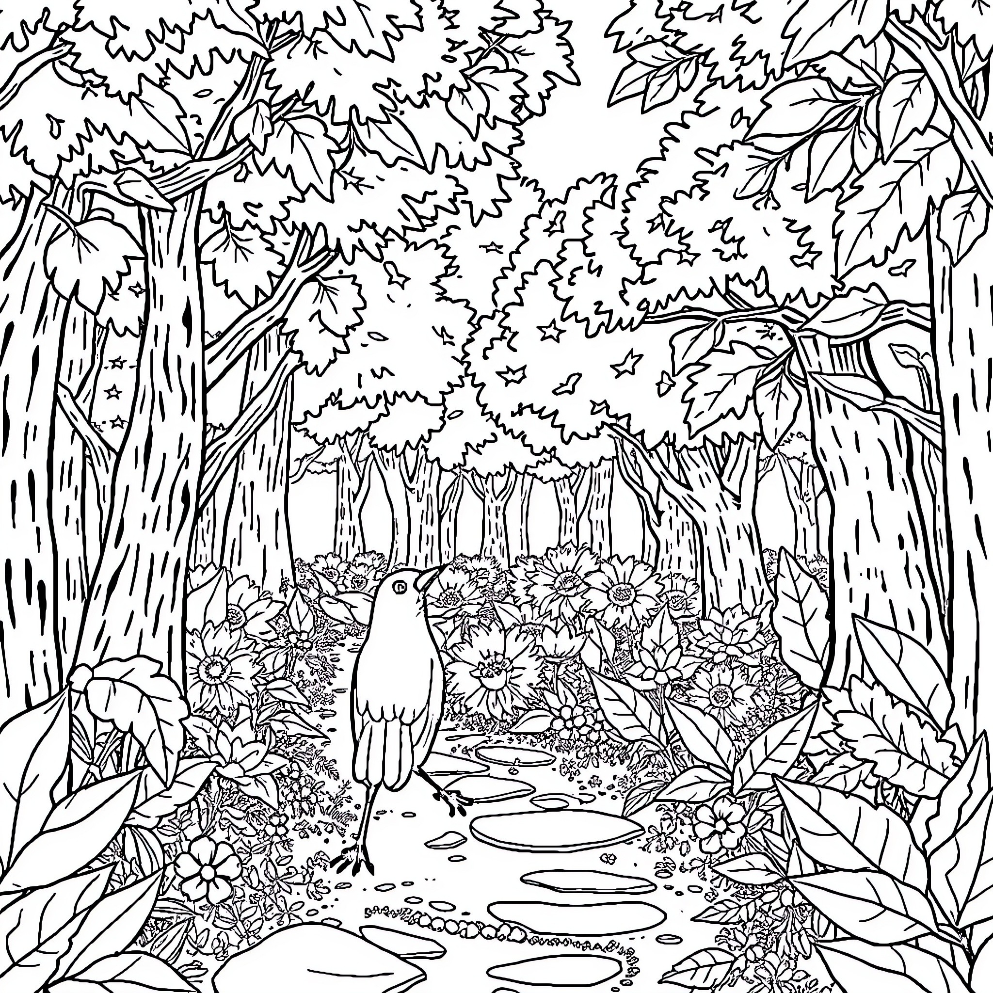 Little Red Riding Hood explores a magical forest Coloring Page (free black-and-white line drawing printable PDF for all, from beginners to advanced learners, including children, teens, adults, and seniors)
