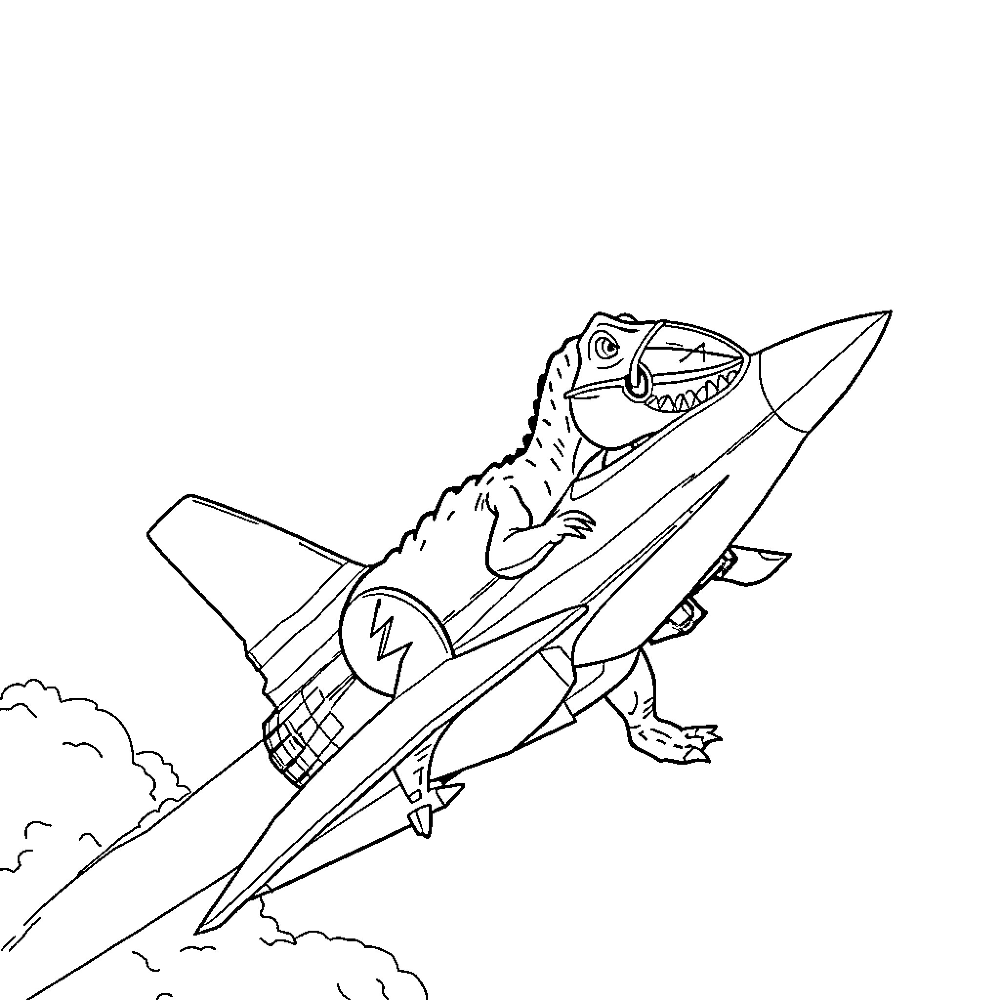 Trex riding a jet plane in the sky Coloring Page (free black-and-white line drawing printable PDF for all, from beginners to advanced learners, including children, teens, adults, and seniors)