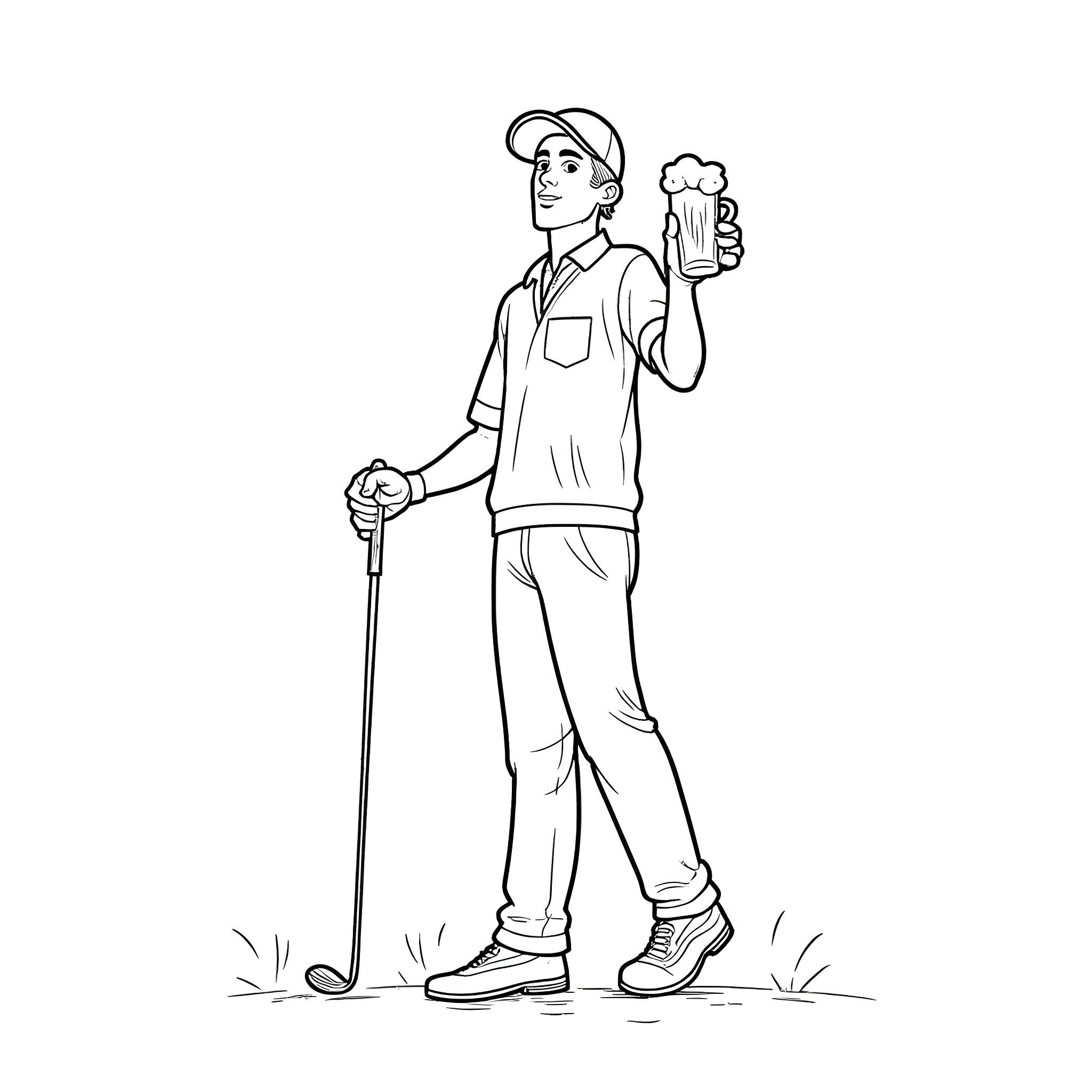 Pharmacist playing golf outdoors Coloring Page (free black-and-white line drawing printable PDF for all, from beginners to advanced learners, including children, teens, adults, and seniors)
