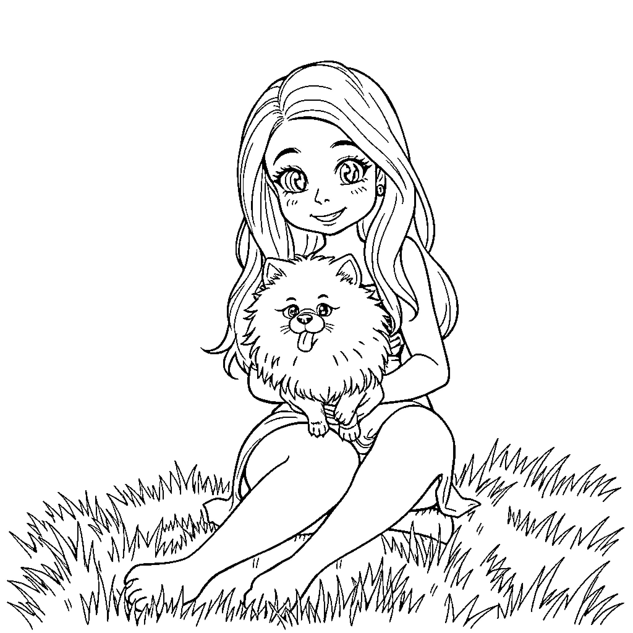 Gabby and her Playful Companion Coloring Page (free black-and-white line drawing printable PDF for all, from beginners to advanced learners, including children, teens, adults, and seniors)