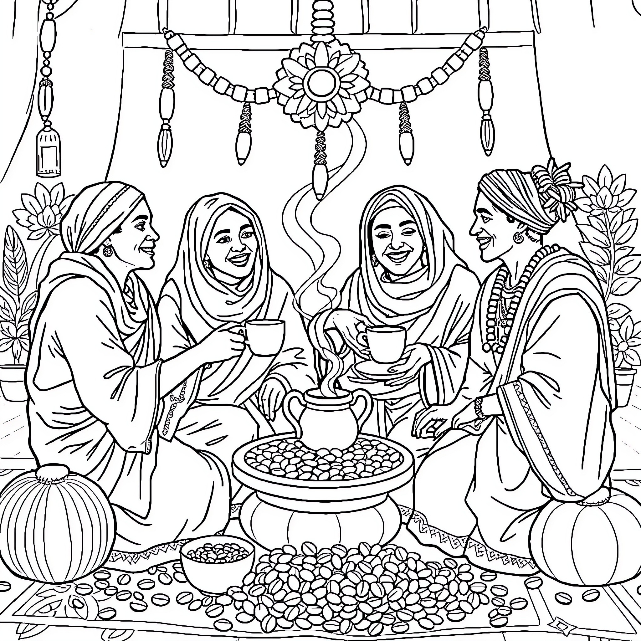 Eritrean People Enjoying Traditional Gathering Coloring Page (free black-and-white line drawing printable PDF for all, from beginners to advanced learners, including children, teens, adults, and seniors)